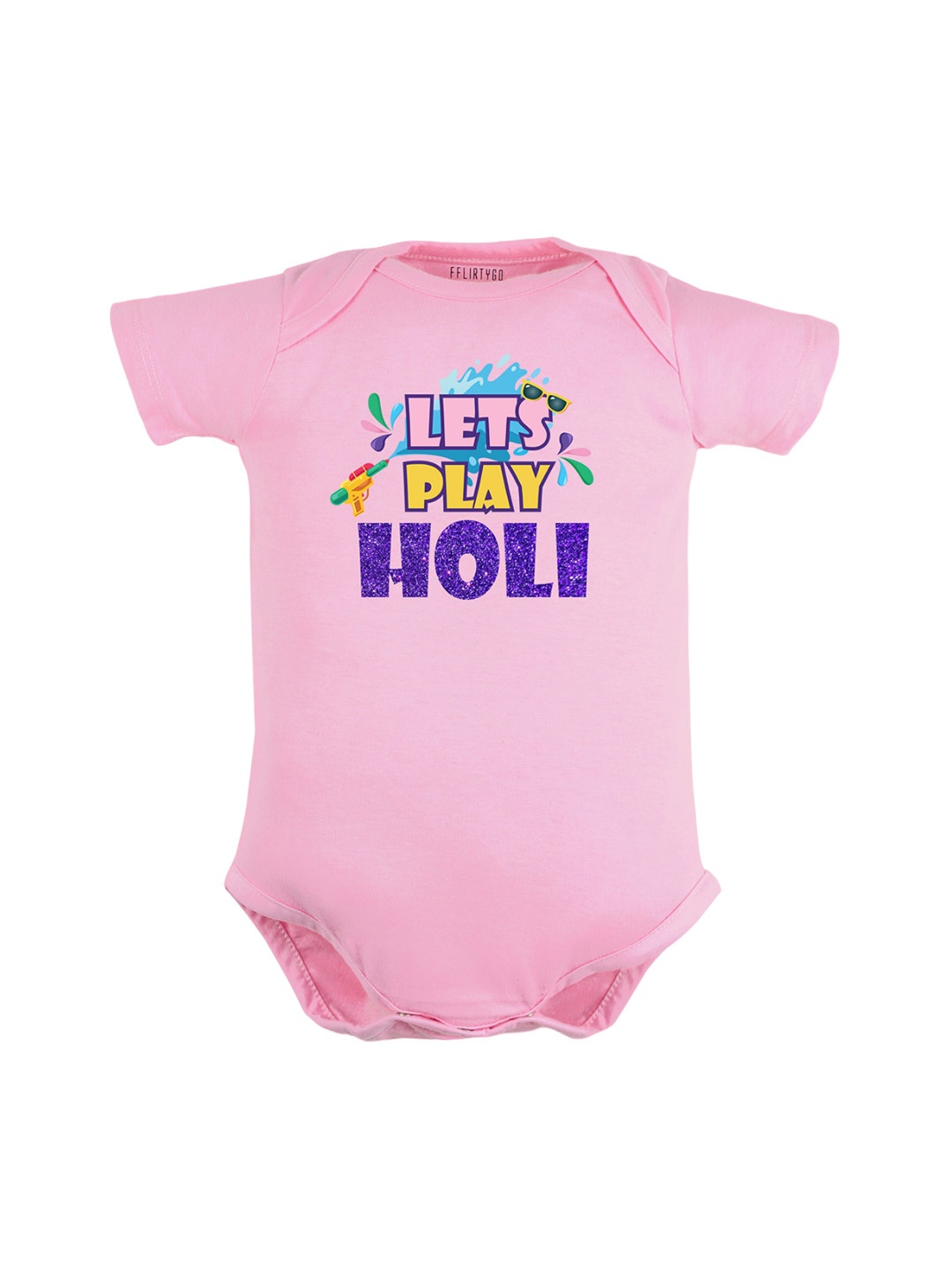 

FFLIRTYGO Infants Holi Printed Round Neck Pure Cotton Bodysuit, Pink