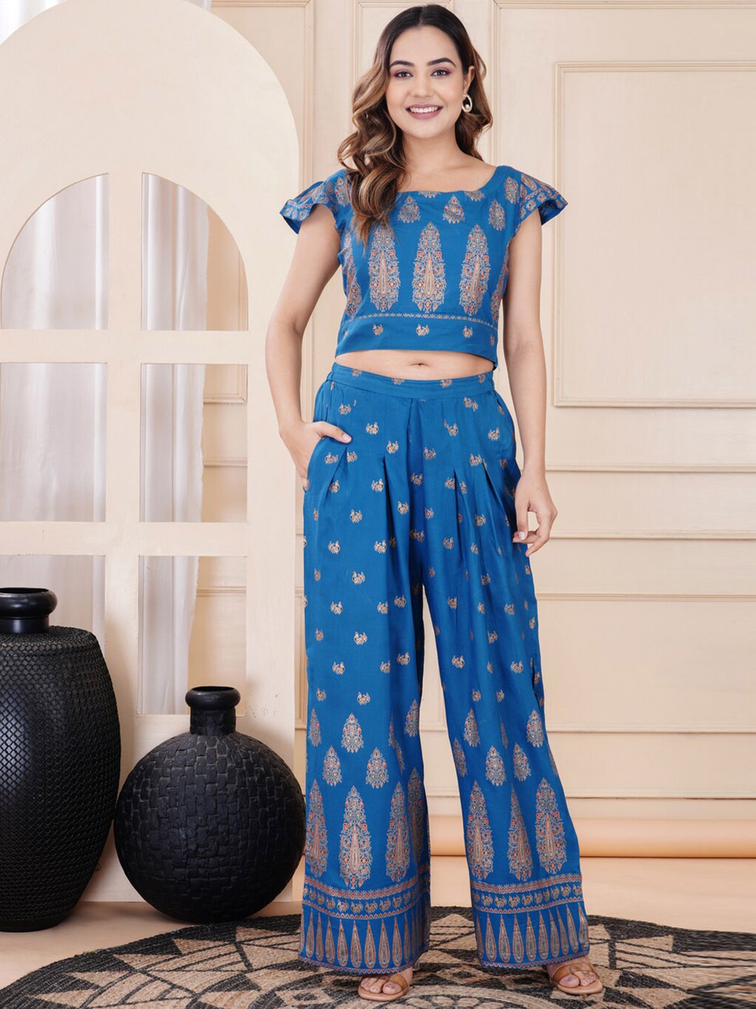 

PURSHOTTAM WALA Ethnic Motifs Printed Cap Sleeves Top With Trousers Co-Ords, Blue