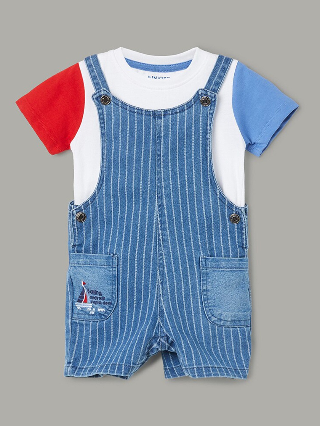 

Juniors by Lifestyle Boys Striped Pure Cotton Dungaree with T-shirt, Blue