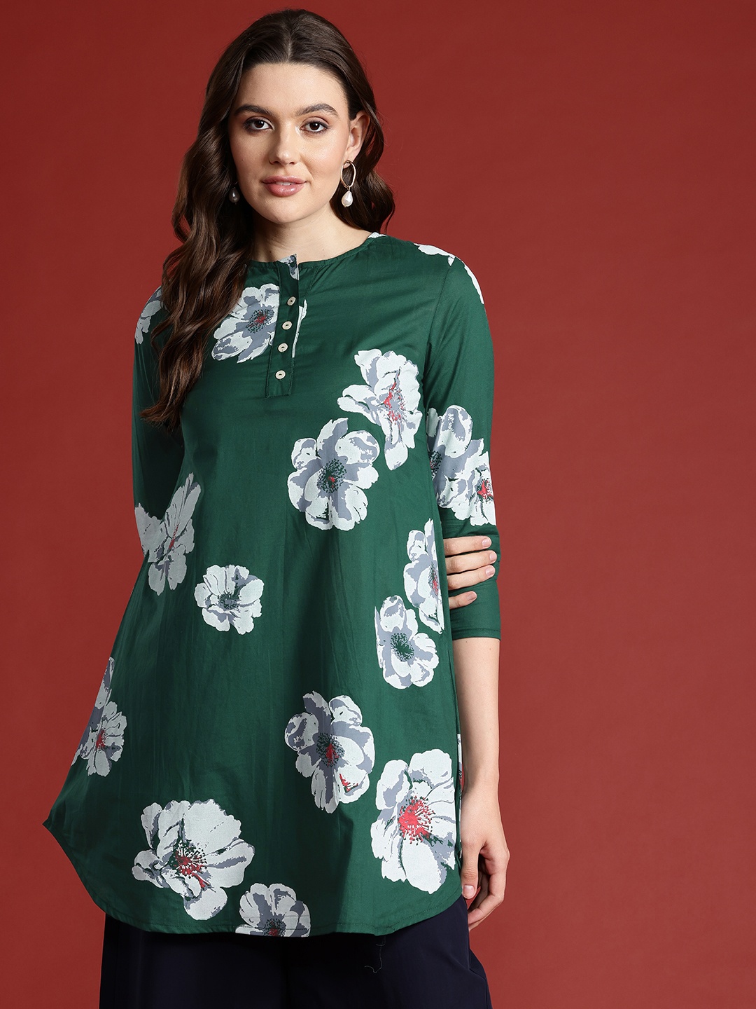 

all about you Pure Cotton Floral Print A-Line Kurta, Green