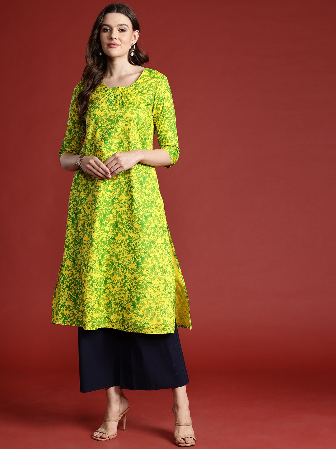 

all about you Printed Pleated Straight Kurta, Green