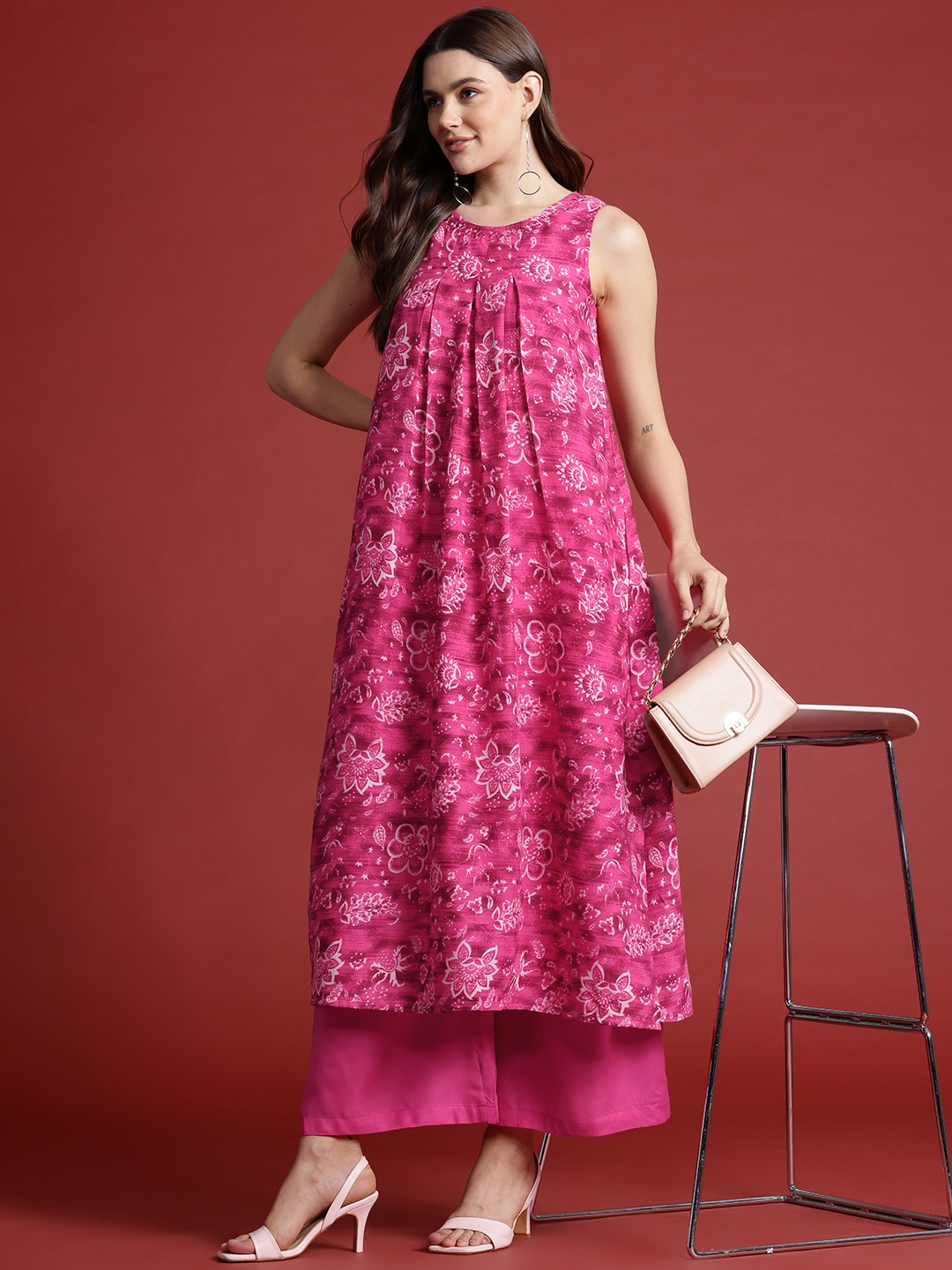 

all about you Printed Pleated Kurta with Palazzos, Pink