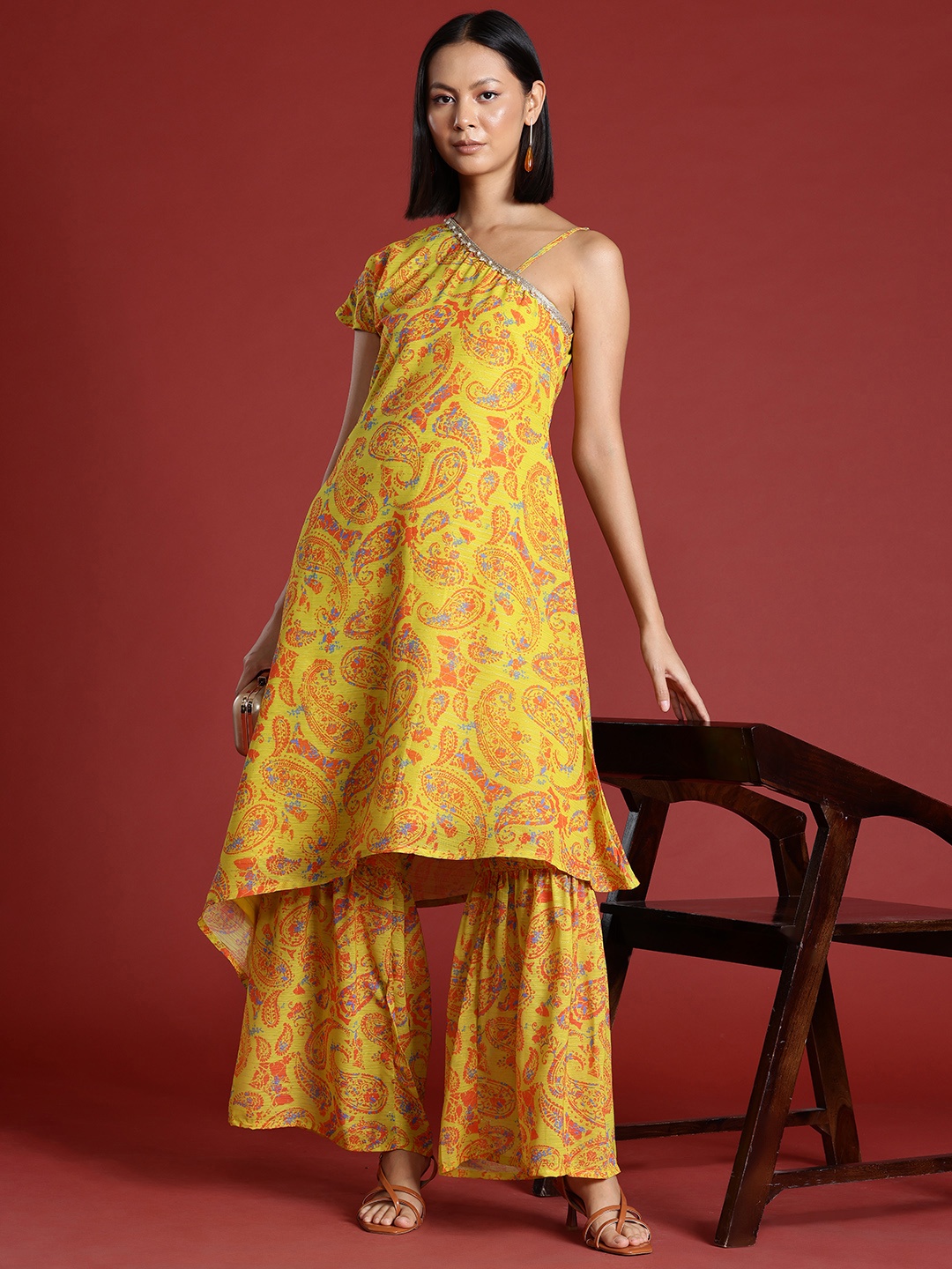 

all about you Paisley Printed Embellished Kurta with Sharara, Mustard