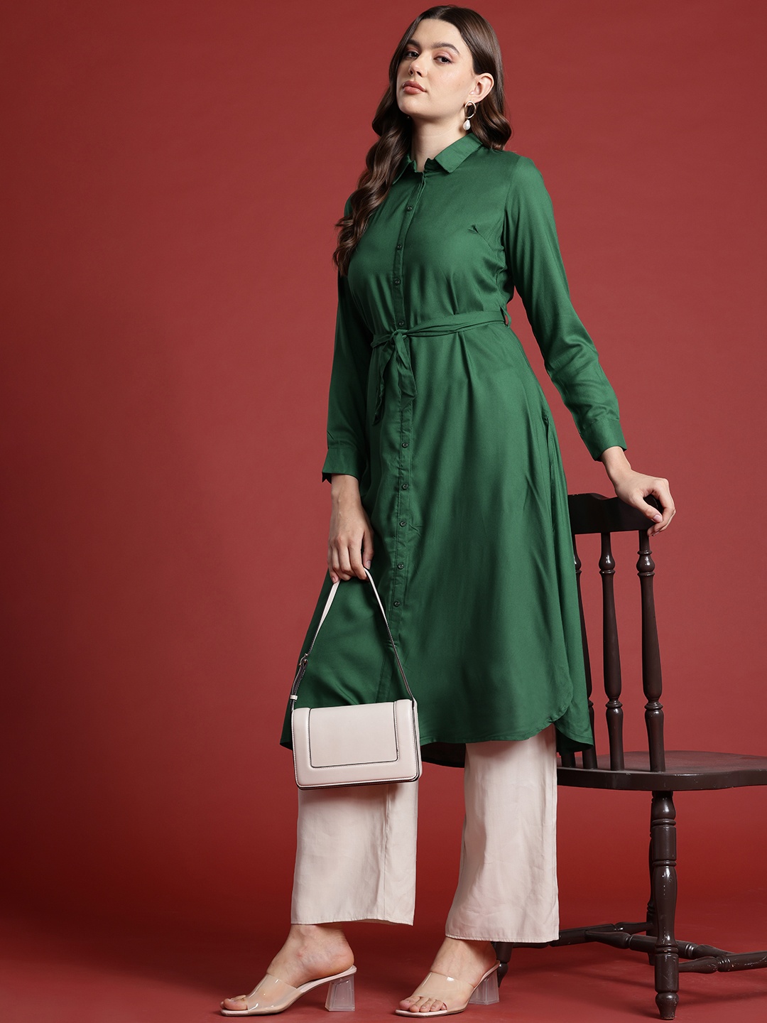 

all about you Shirt Collar Kurta, Green