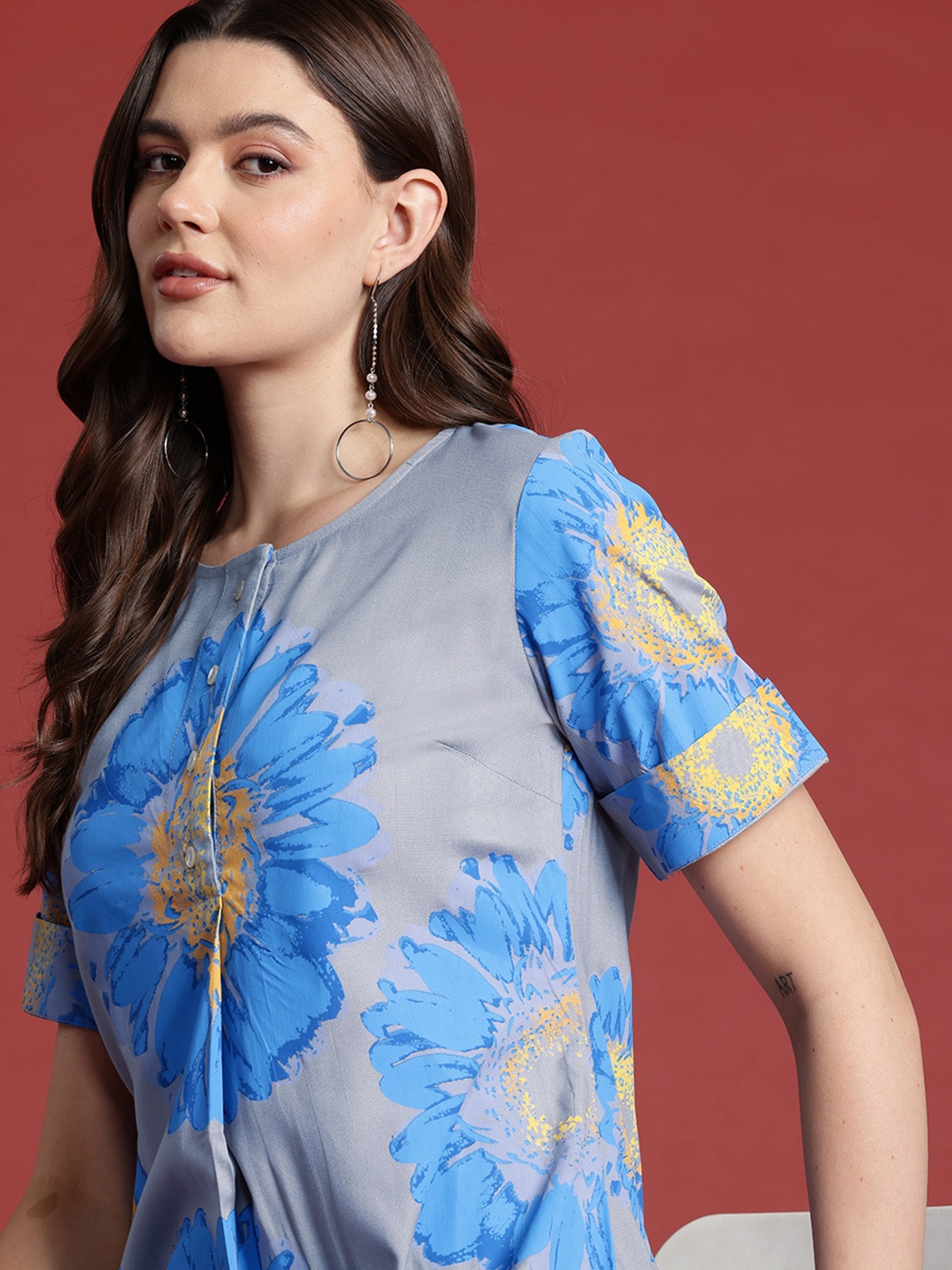 

all about you Floral Printed Kurta, Grey