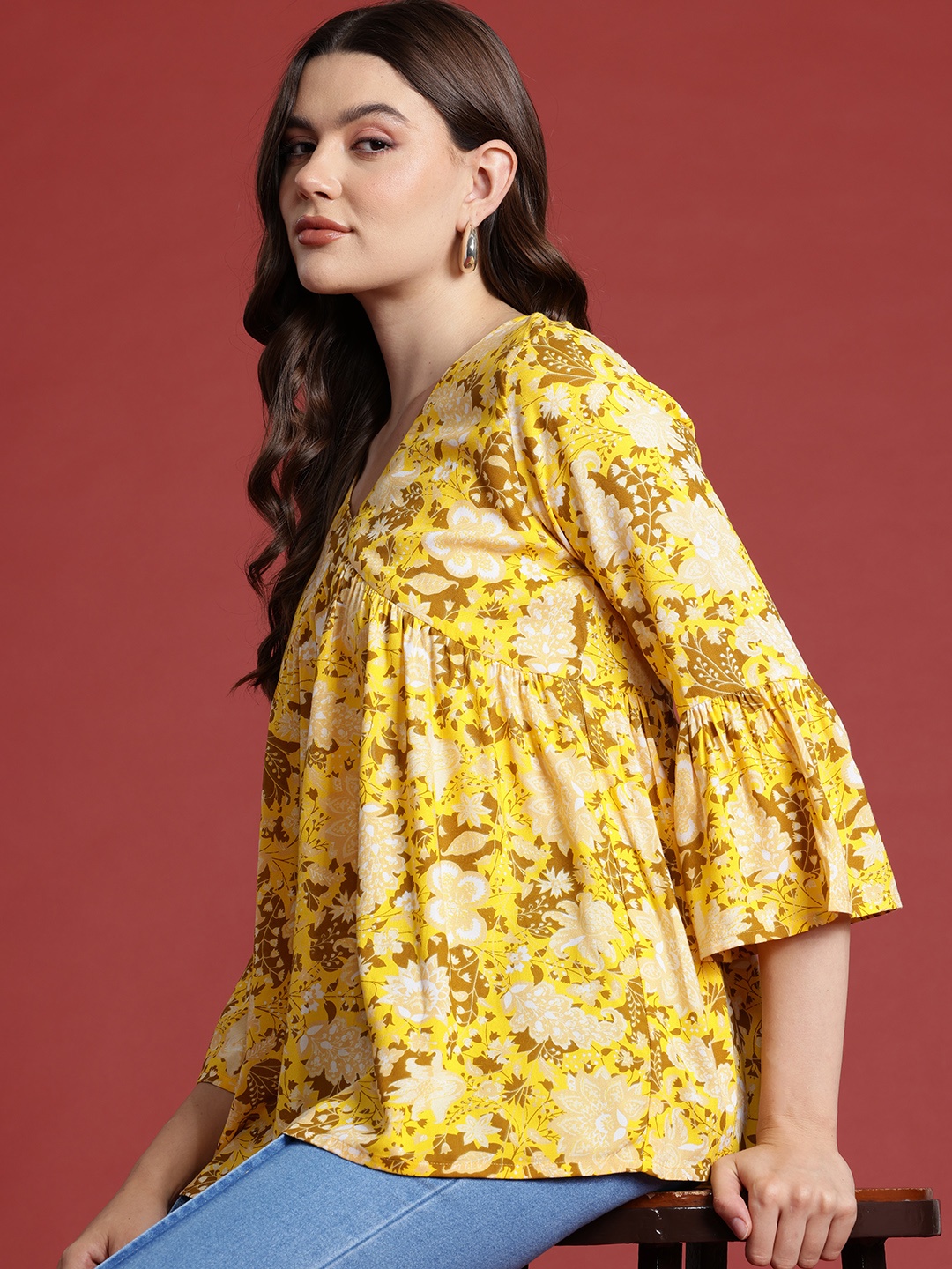 

all about you Floral Print V-Neck Empire Kurti, Yellow