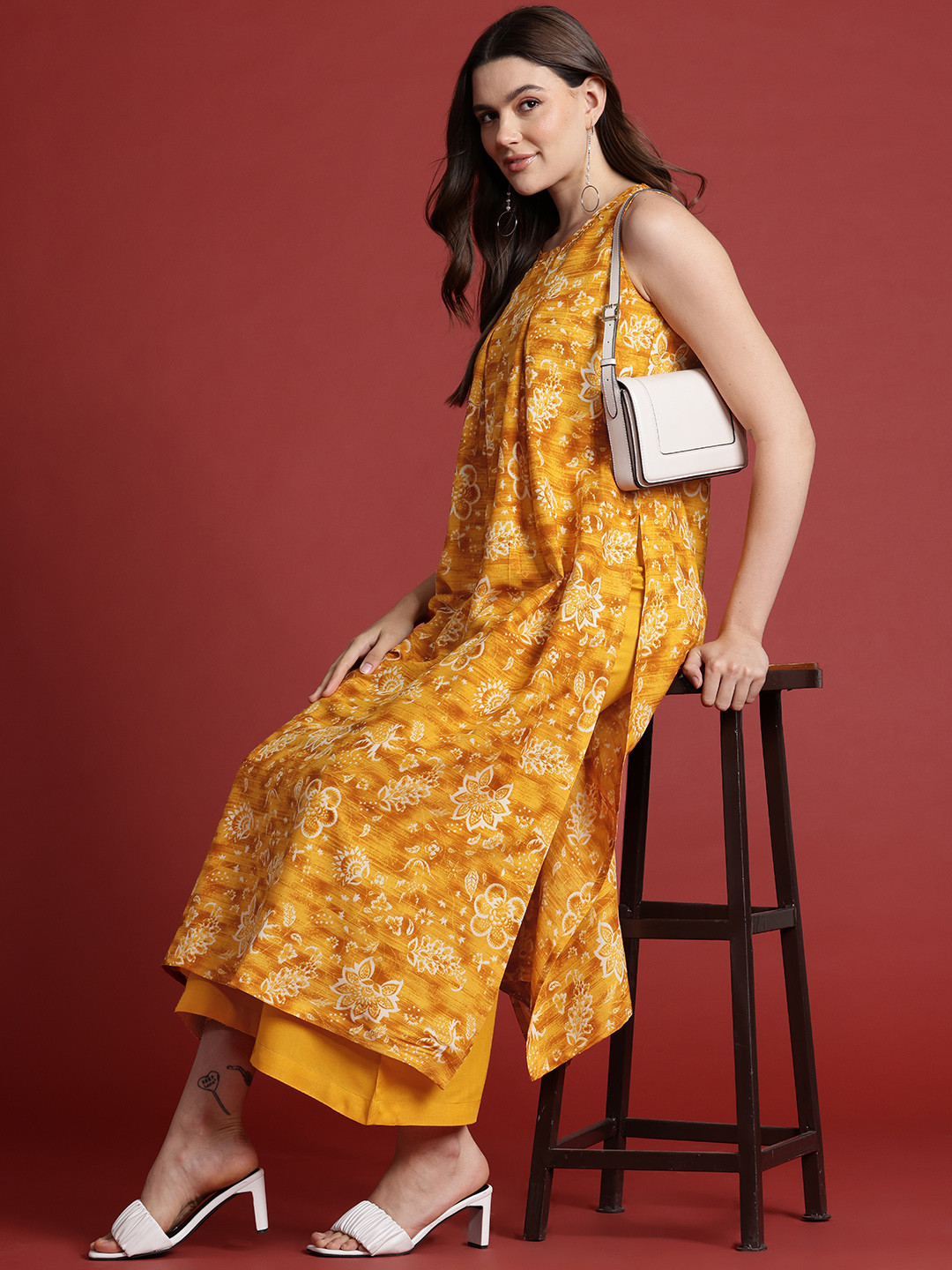 

all about you Printed Pleated Kurta with Palazzos, Mustard