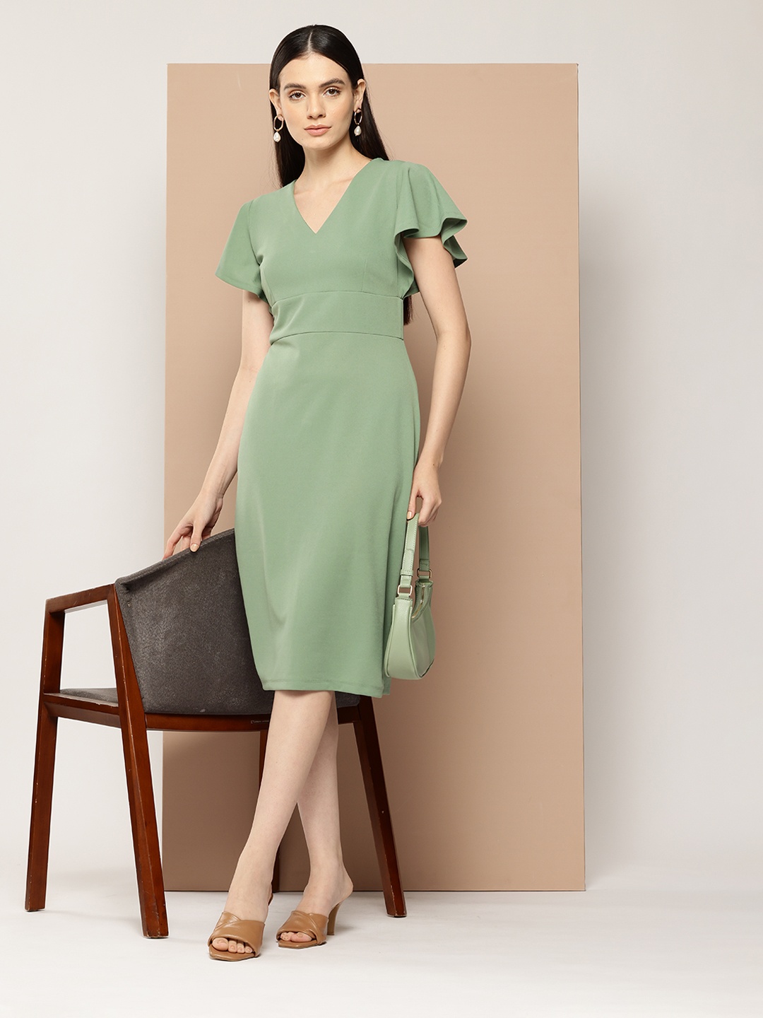 

her by invictus Flutter Sleeves Formal Sheath Dress, Green