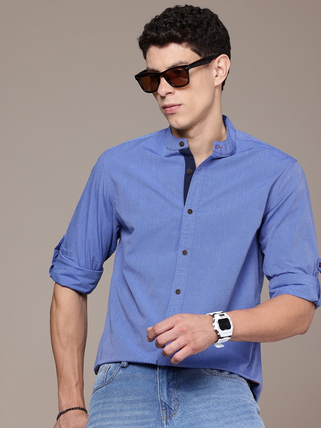 

The Roadster Life Co. Self Design Pure Cotton Casual Shirt, Blue