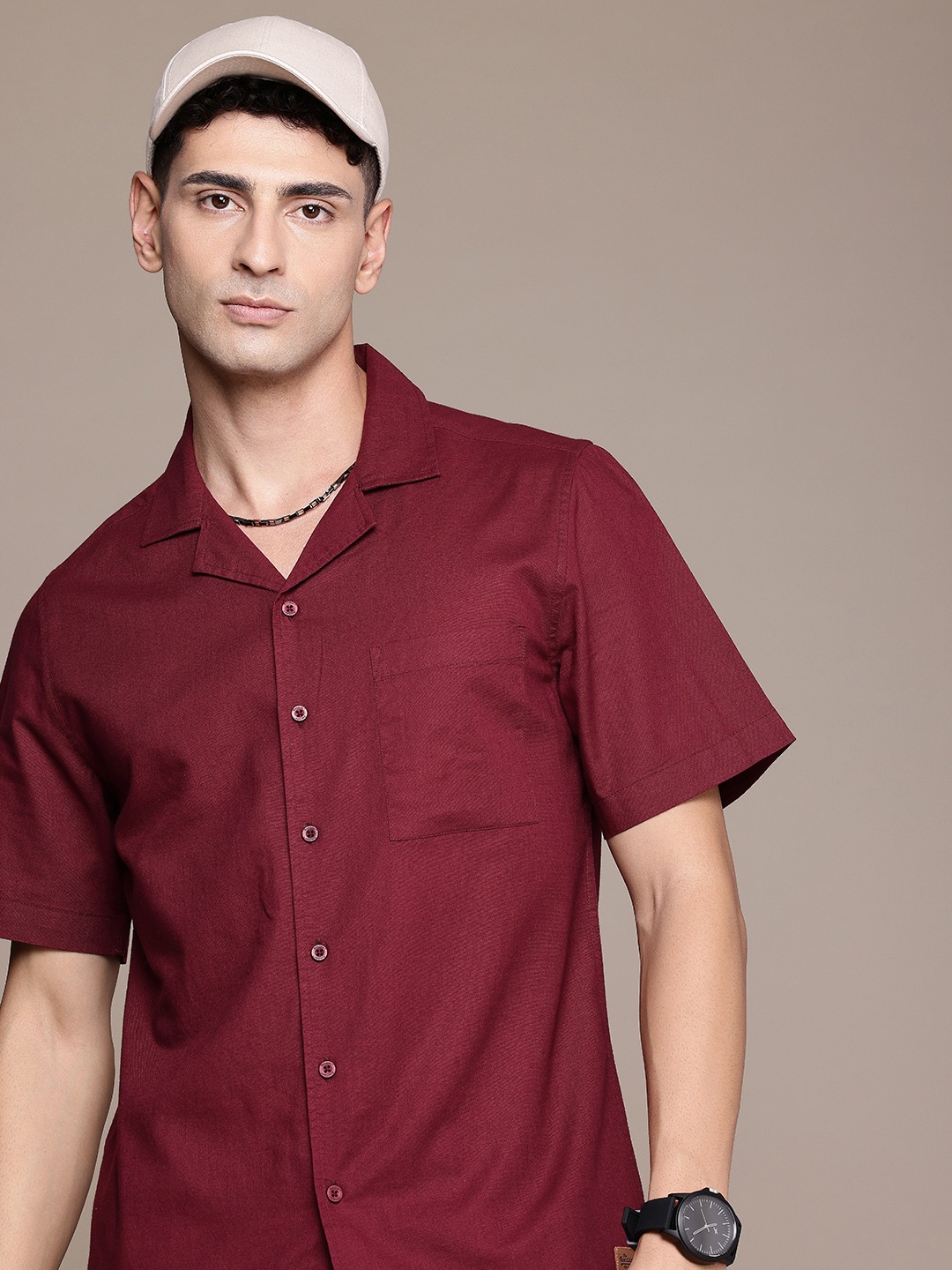 

The Roadster Life Co. Pure Cotton Cuban Collar Opaque Casual Shirt, Maroon