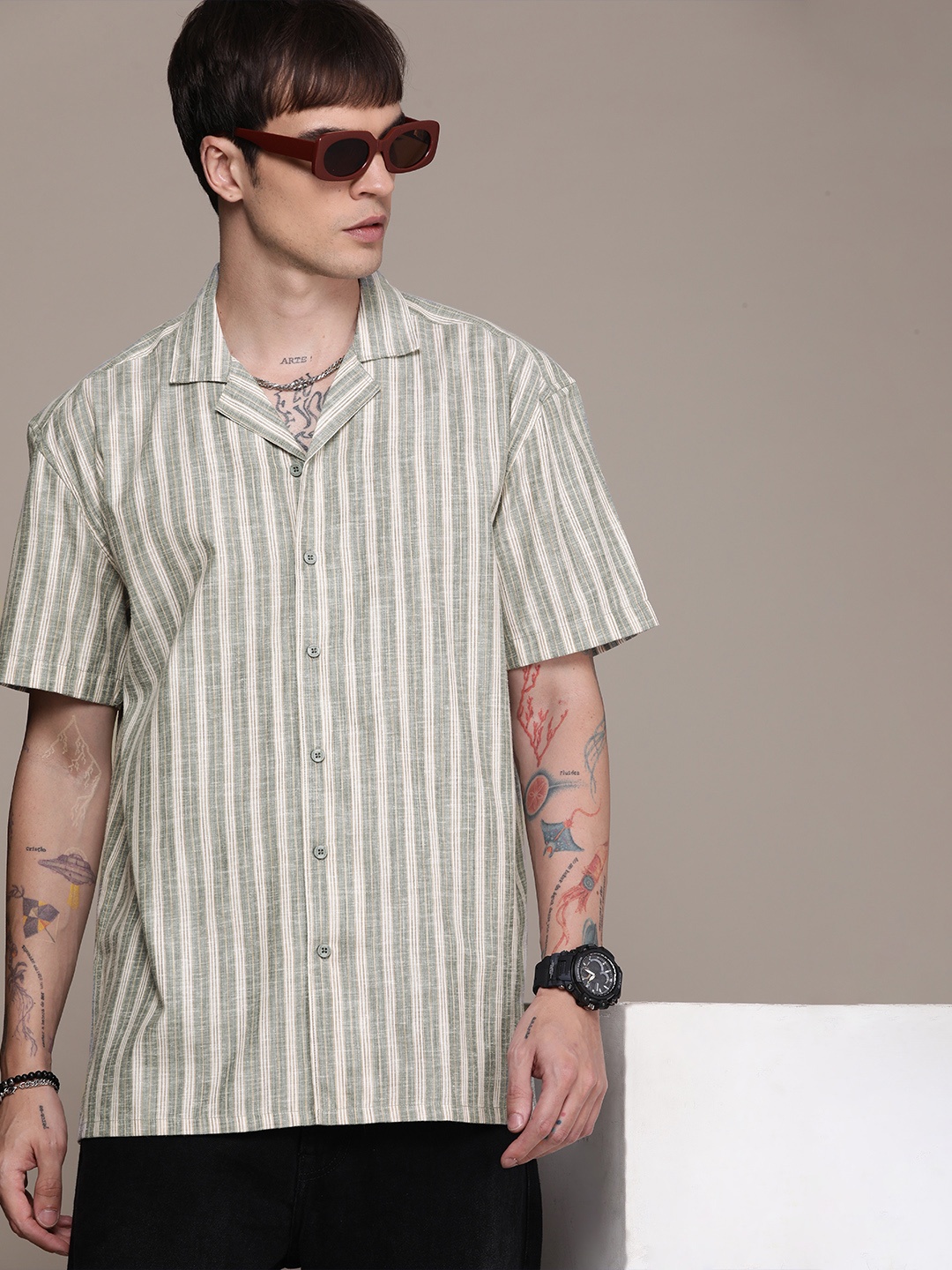

The Roadster Life Co. Vertical Striped Relaxed Fit Casual Shirt, Olive