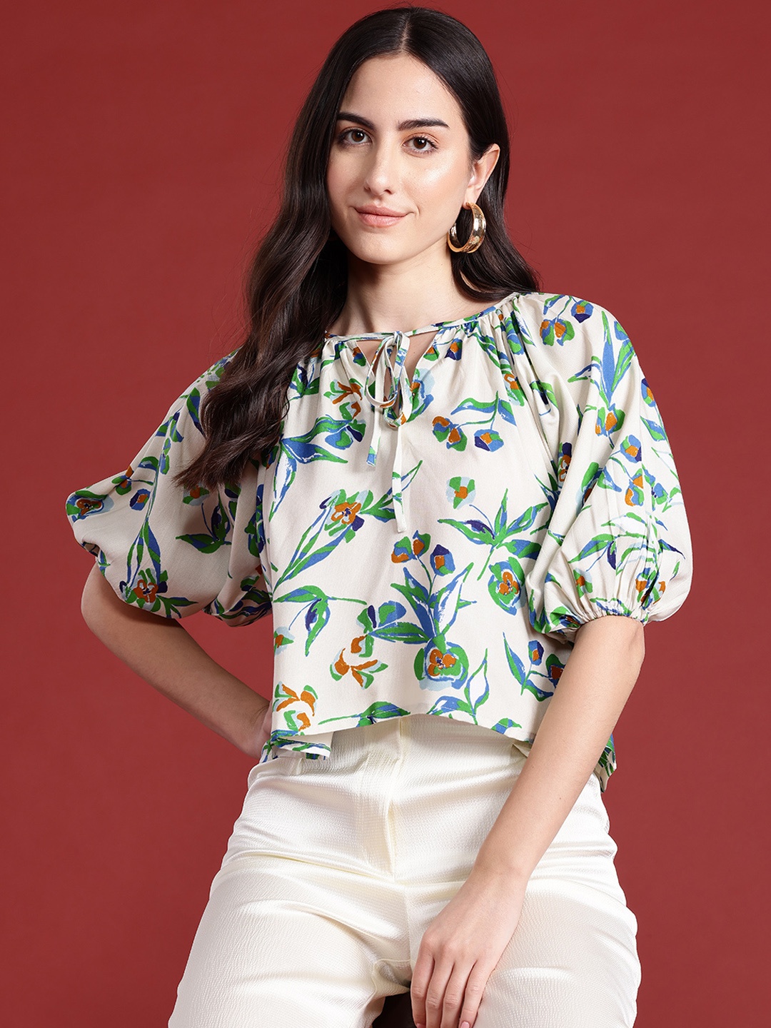 

all about you Floral Print Tie-Up Neck Puff Sleeves Top, Off white