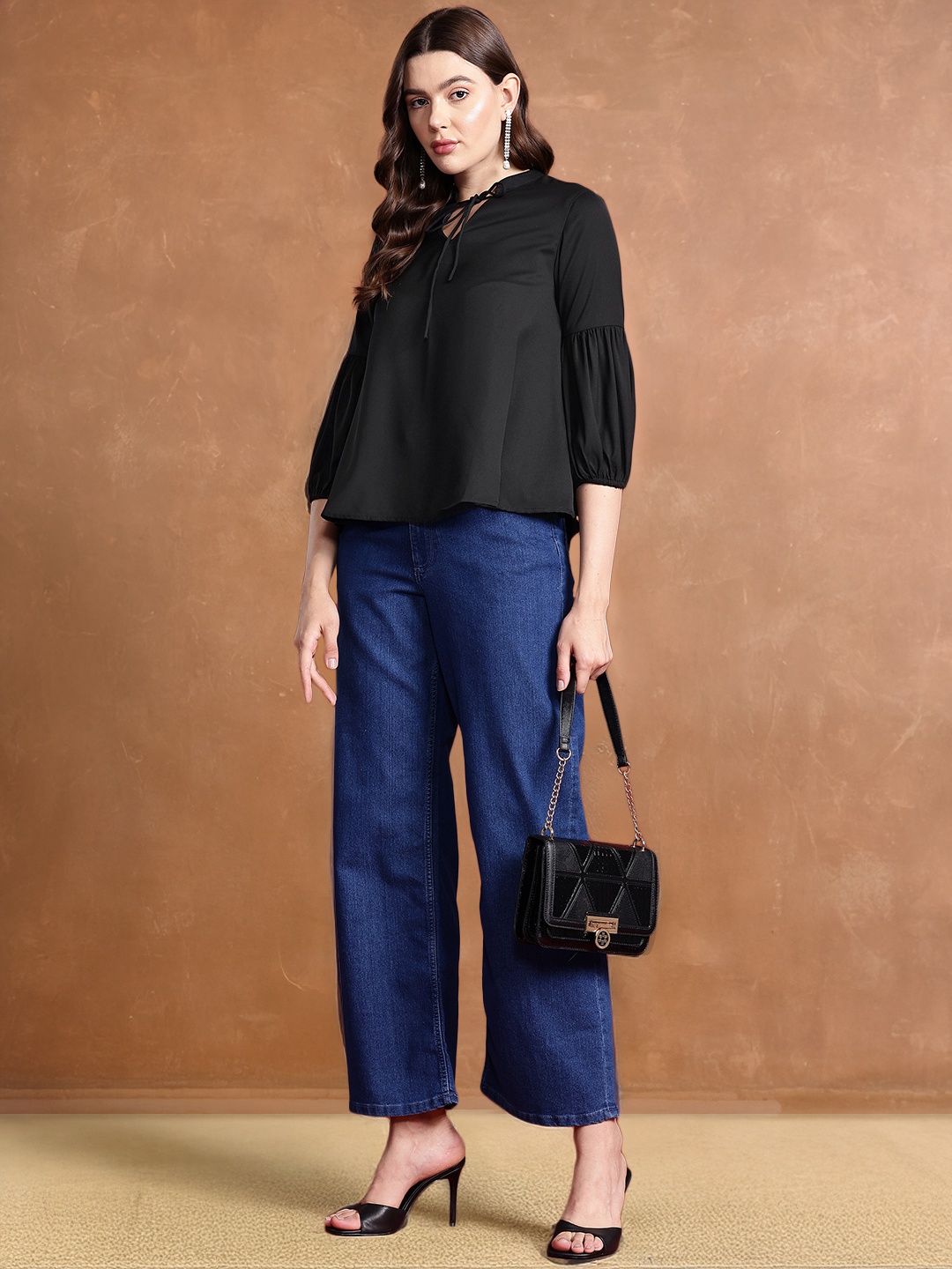 

all about you Tie-Up Neck Puff Sleeves Top, Black