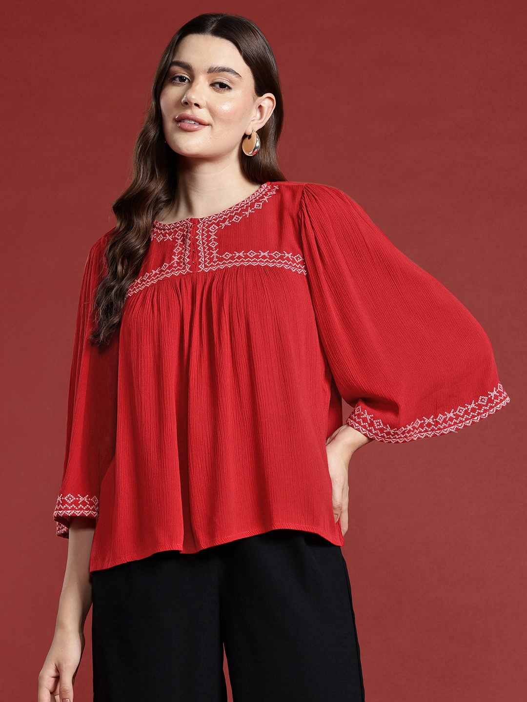 

all about you Cherry Red Embroidered Flared Sleeves Empire Top