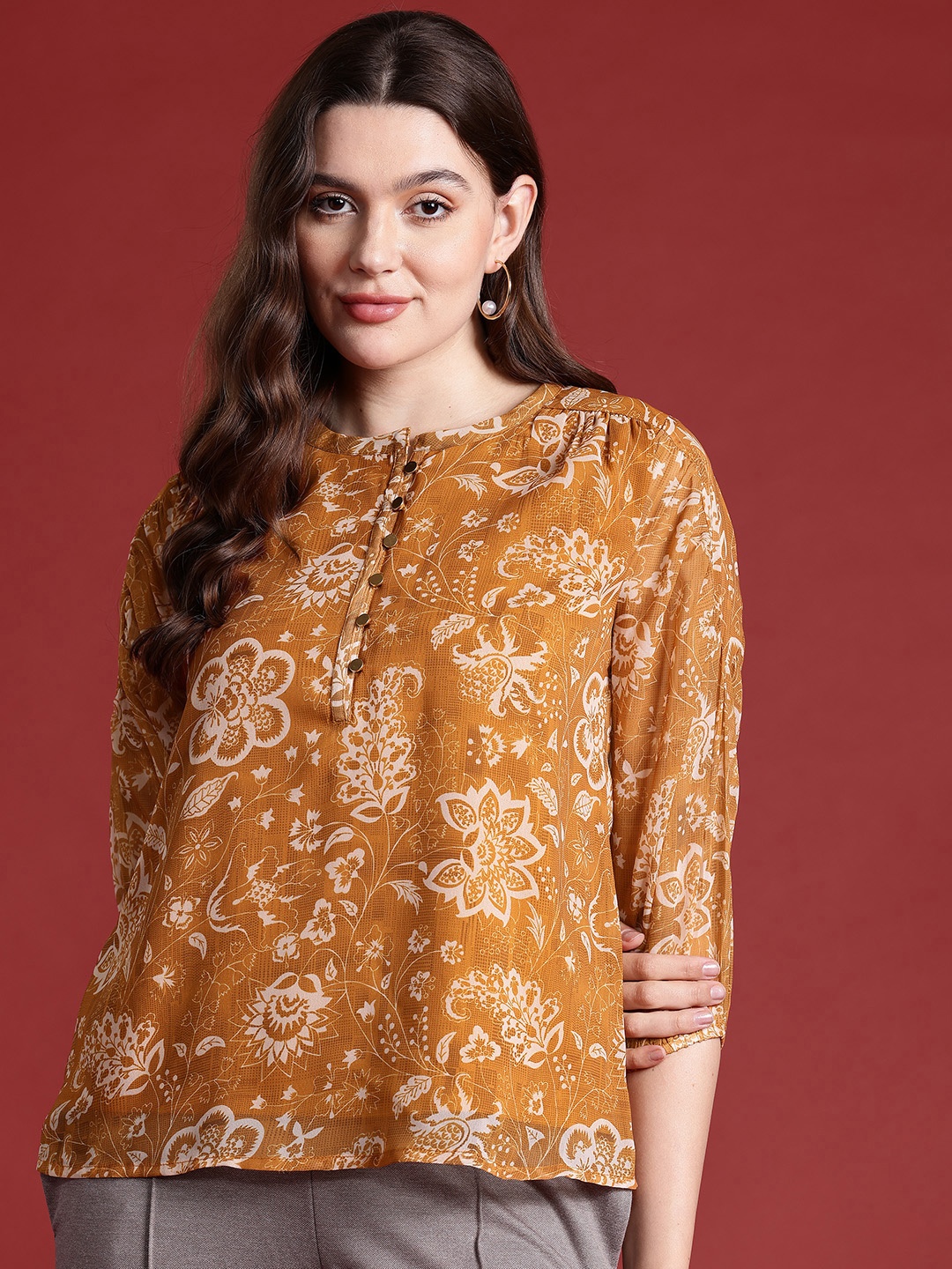 

Routes by All About You Printed Mandarin Collar Puff Sleeves Top, Mustard