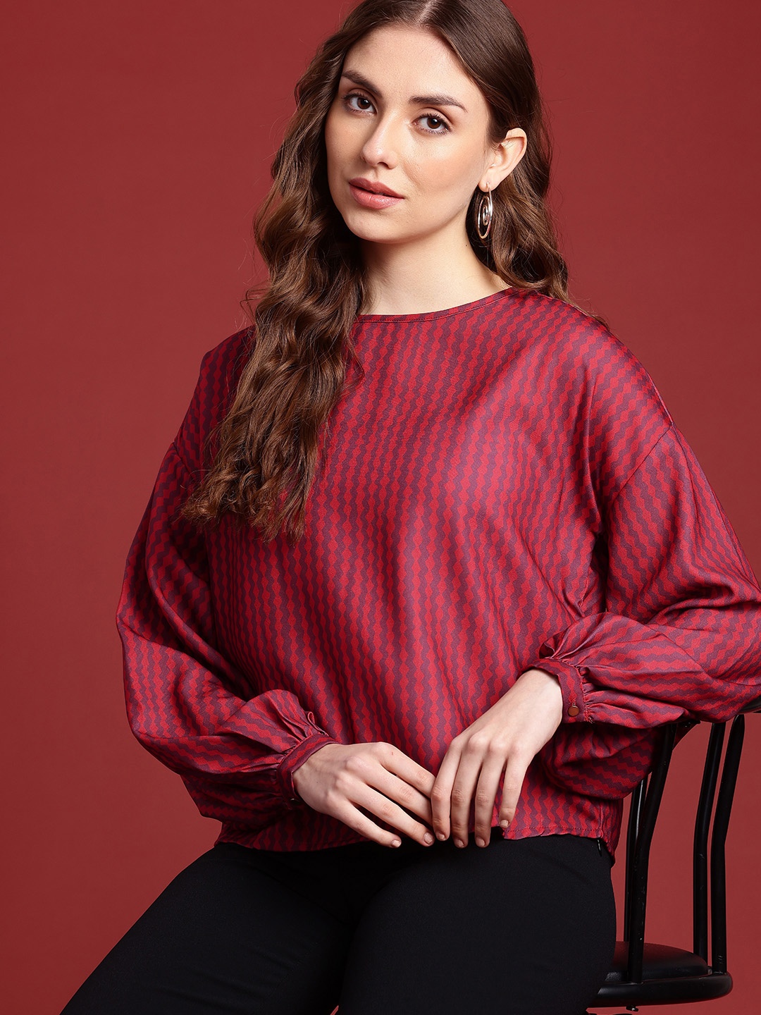 

All About You Formals Geometric Printed Puff Sleeves Top, Red