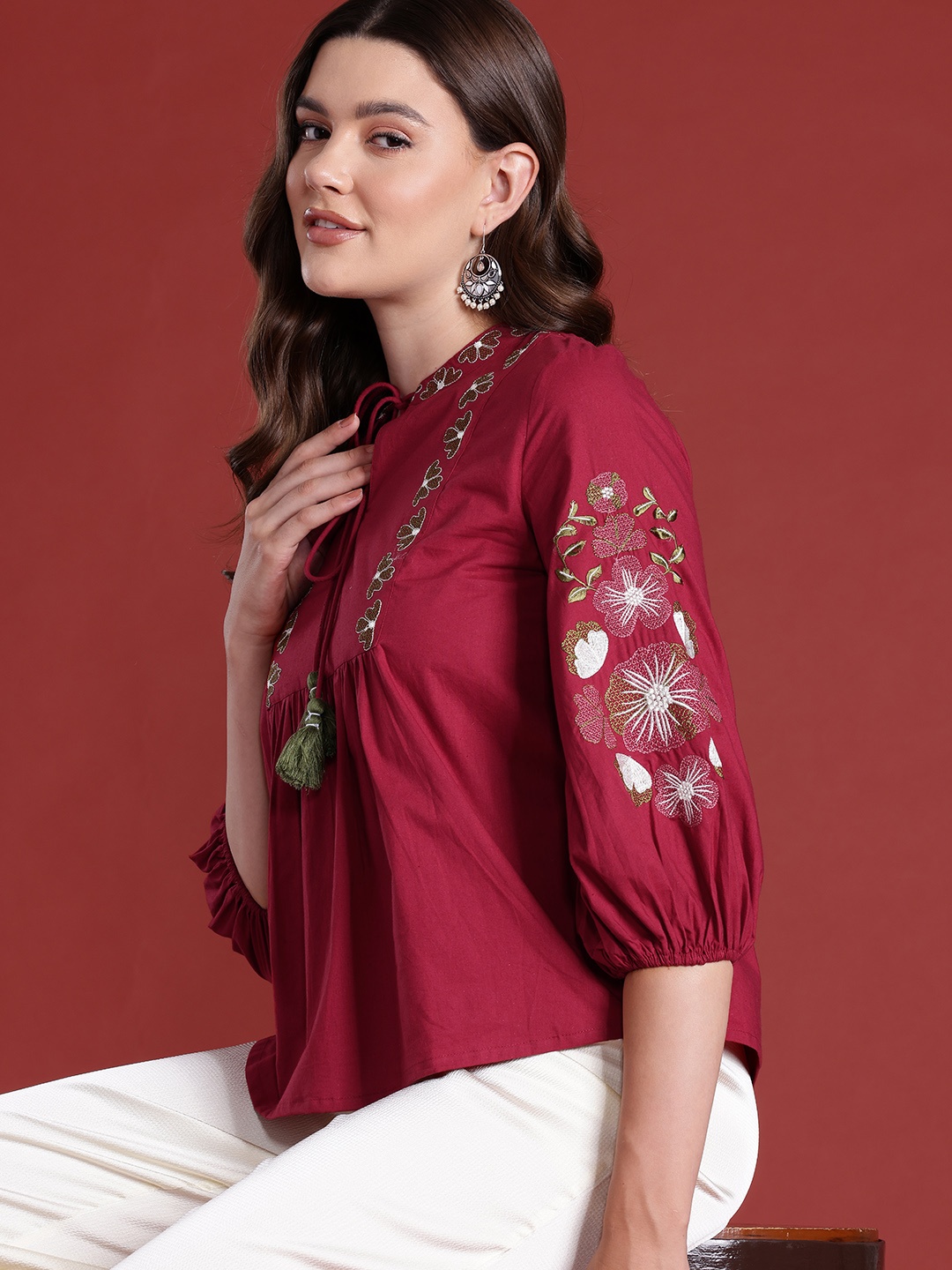 

Routes by All About You Embroidered Tie-Up Neck Cotton Top, Maroon
