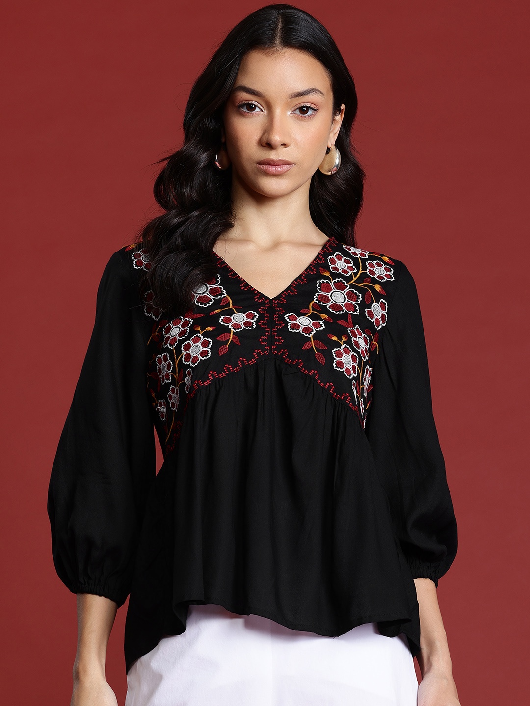 

all about you Embroidered Puff Sleeves Top, Black