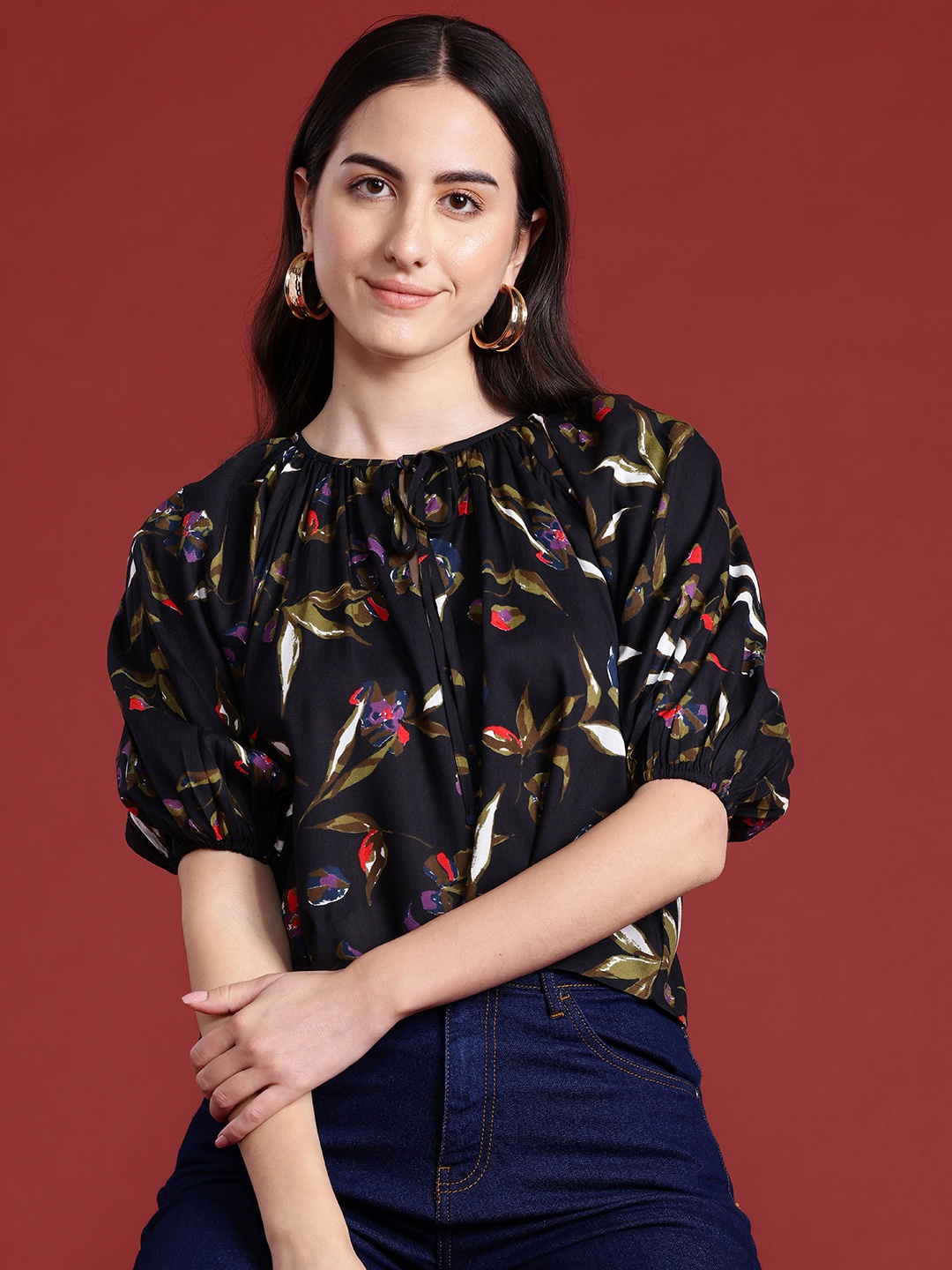 

all about you Floral Print Tie-Up Neck Puff Sleeves Top, Black