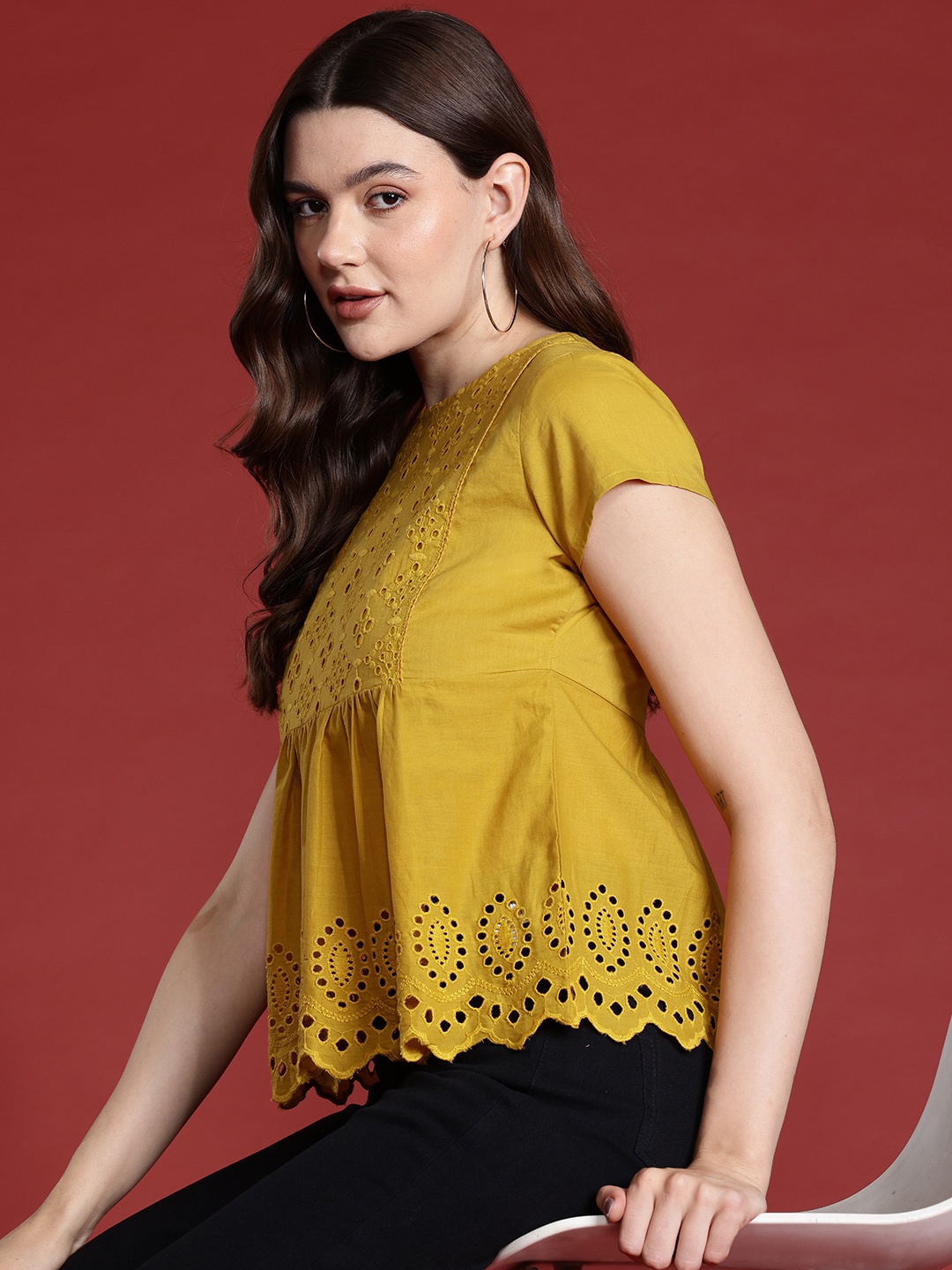 

all about you Cotton Schiffli Top, Mustard