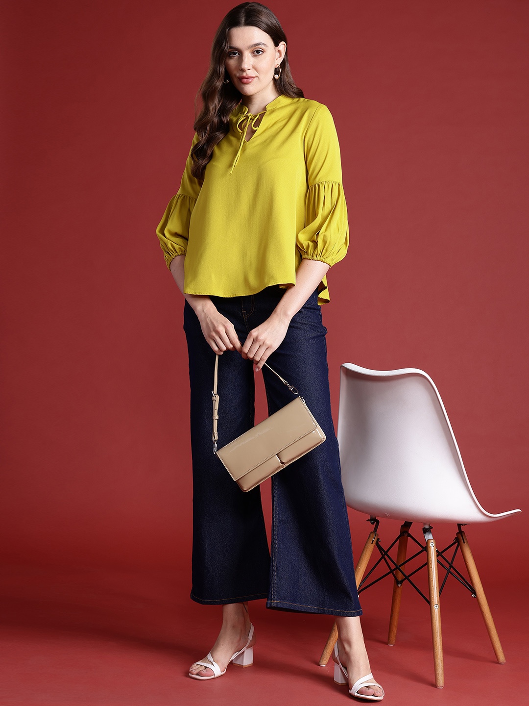 

all about you Tie-Up Neck Puff Sleeves Top, Mustard