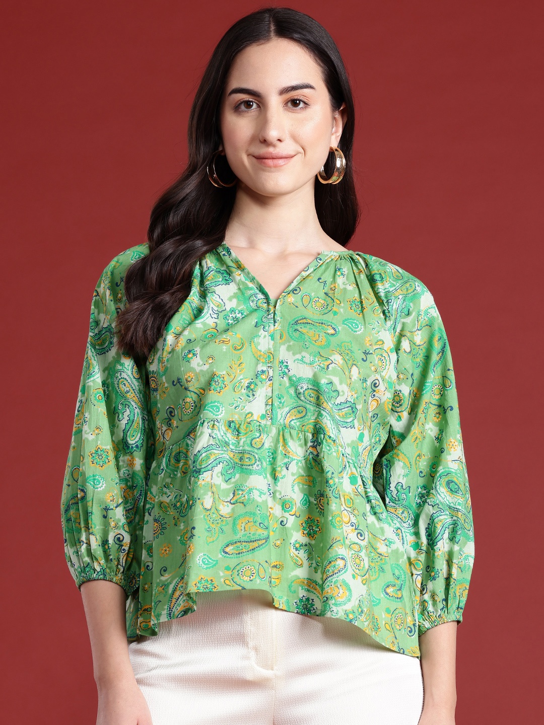 

all about you Printed Mandarin Collar Puff Sleeves Cotton Top, Green