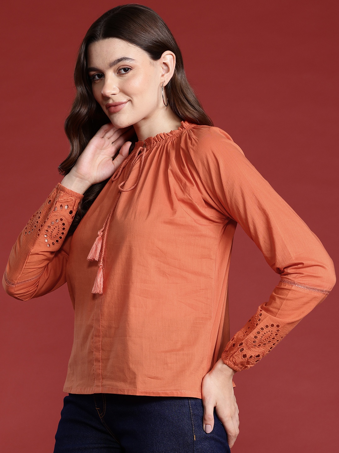 

Routes by All About You Tie-Up Neck Puff Sleeve Cotton Top with Schiffli Detail, Orange