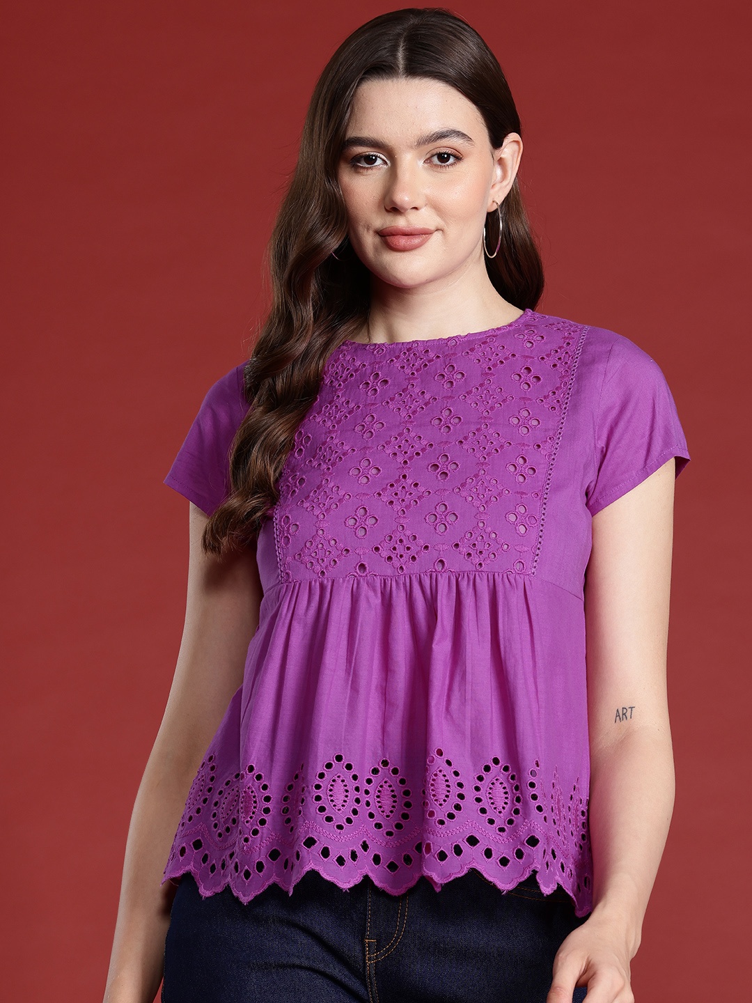 

all about you Schiffli Embroidered Cotton Top, Purple