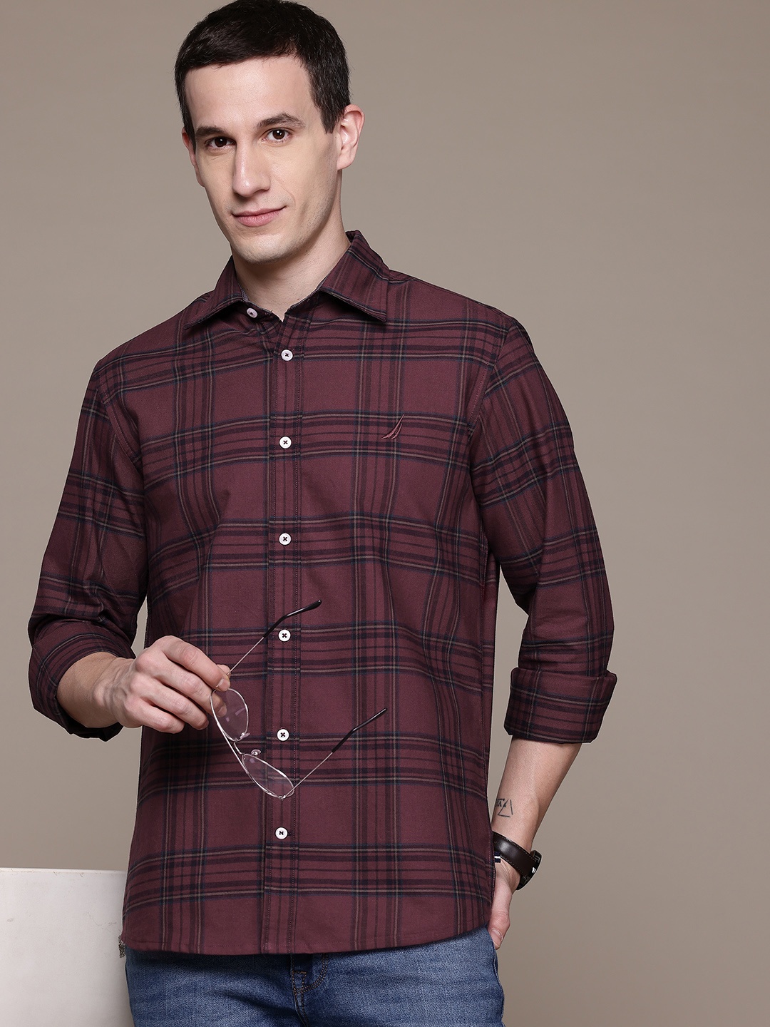 

Nautica Checked Pure Cotton Shirt, Maroon