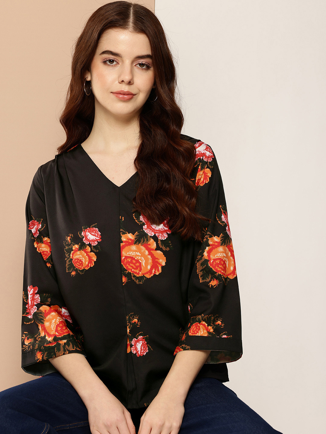 

encore by INVICTUS Floral Printed Top, Black