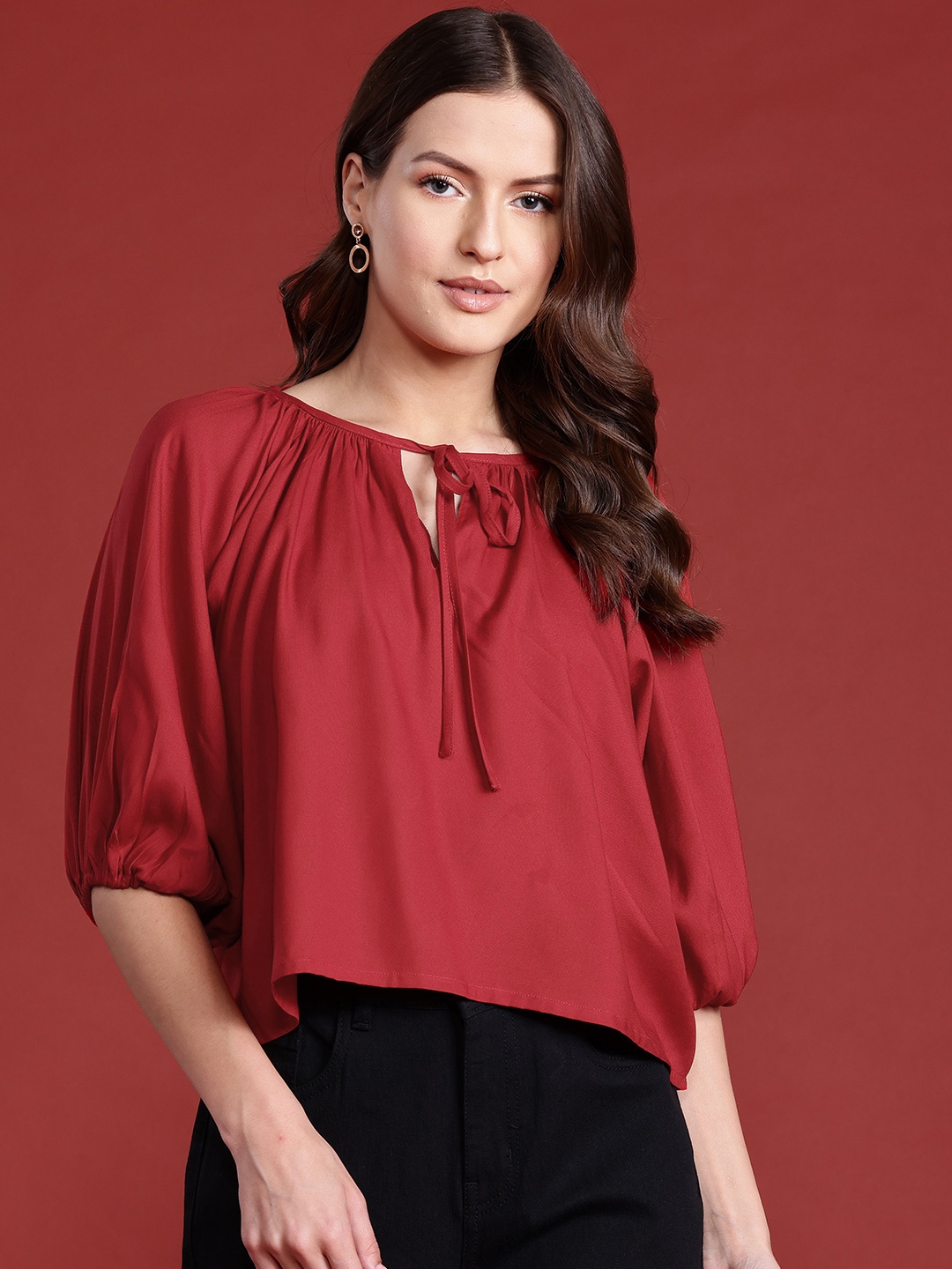 

all about you Tie-Up Neck Puff Sleeves Top, Maroon