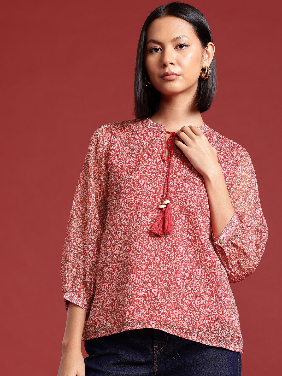 

Routes by All About You Ditsy Print Tie-Up Neck Top, Coral