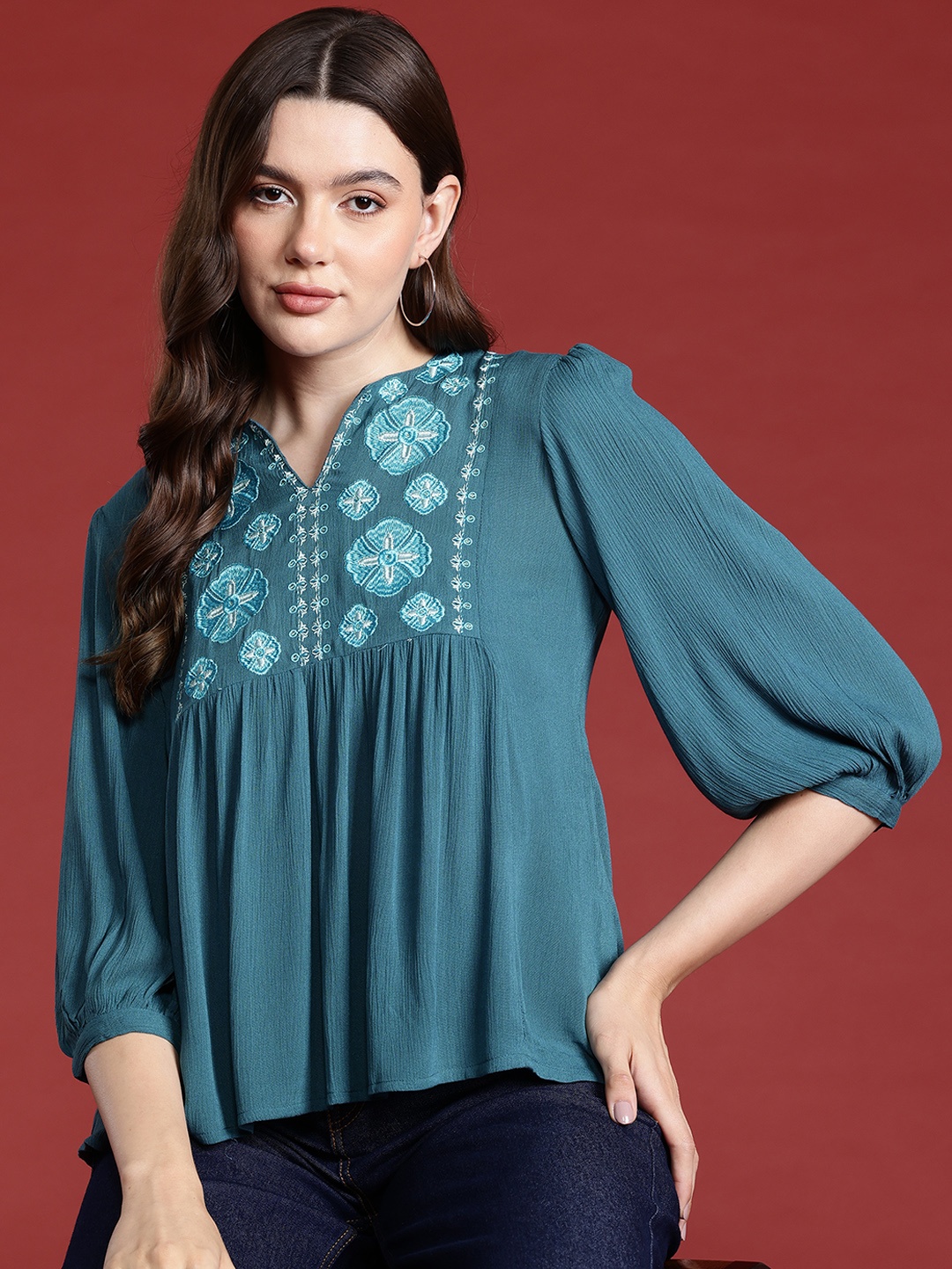 

Routes by All About You Embroidered Puff Sleeve Ethnic Top, Blue