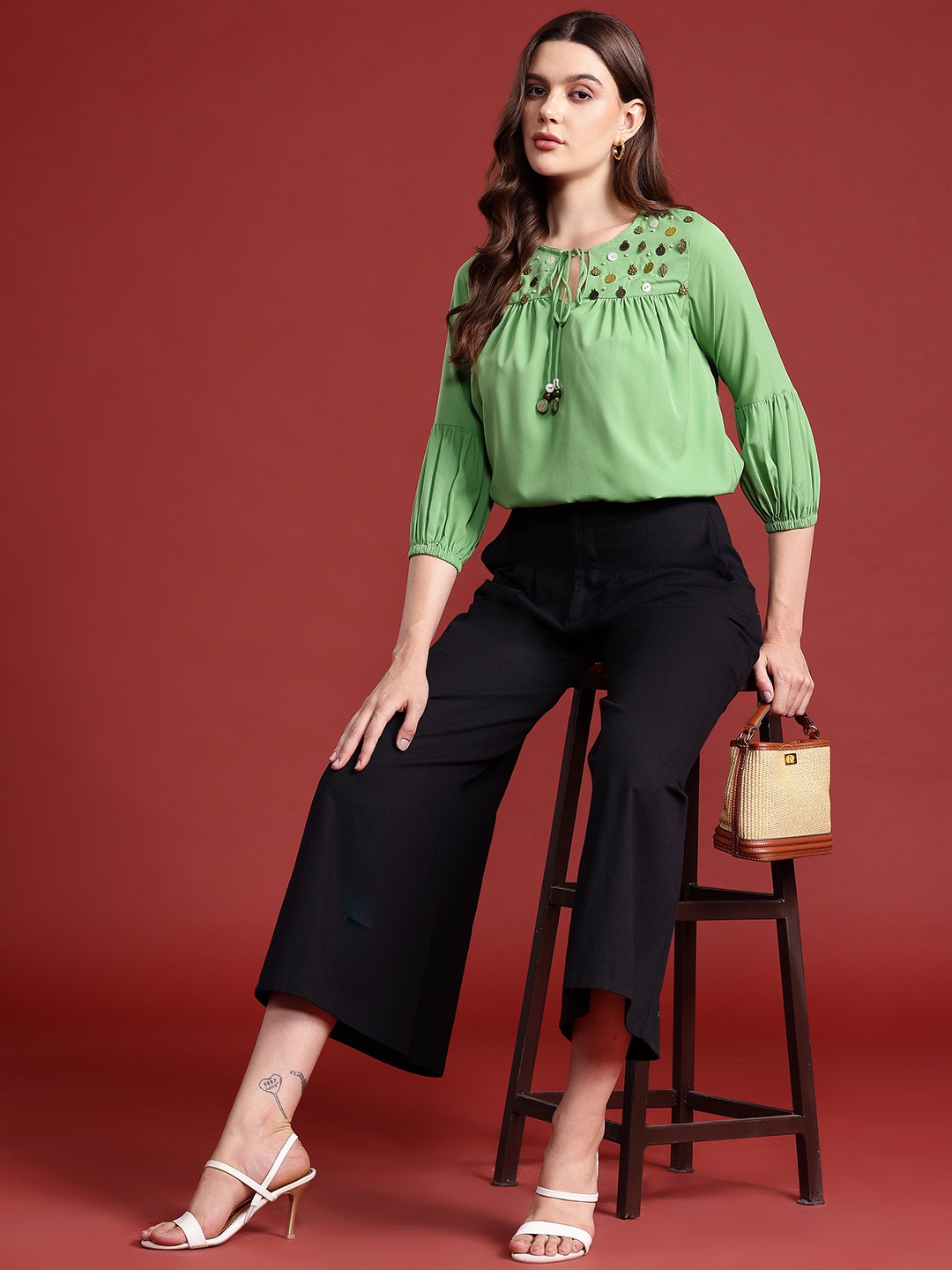 

Routes by All About You Embellished Tie-Up Neck Top, Green