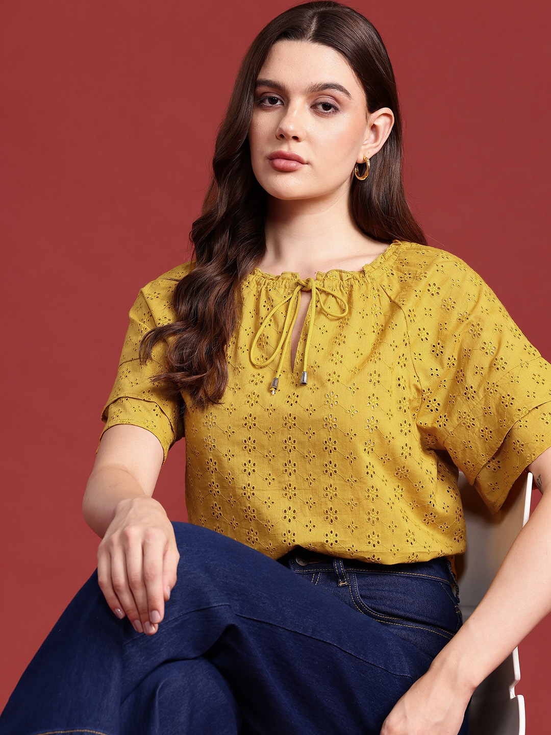 

all about you Schiffli Pure Cotton Top, Mustard