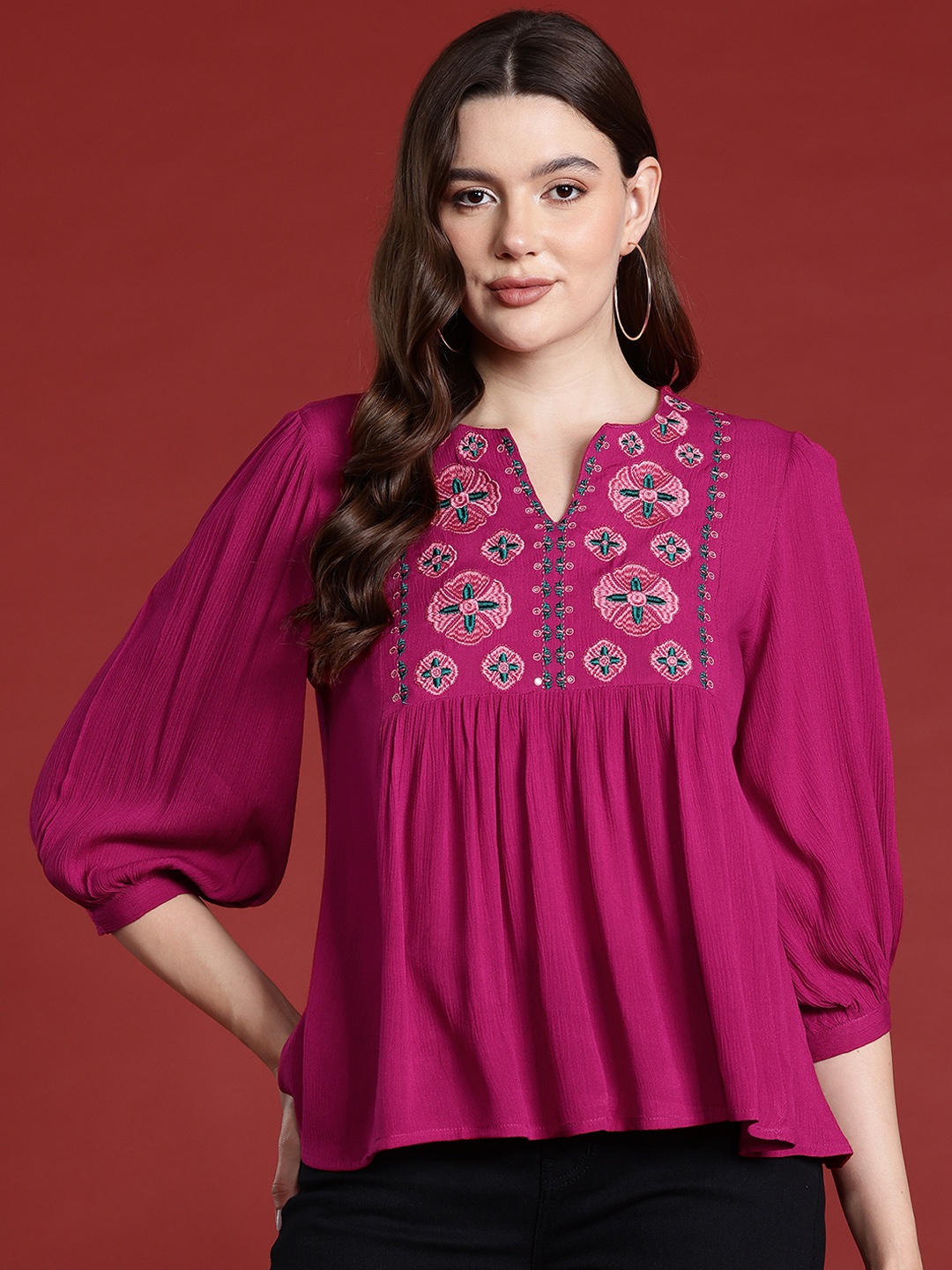 

all about you Embroidered Puff Sleeve Ethnic Top, Pink