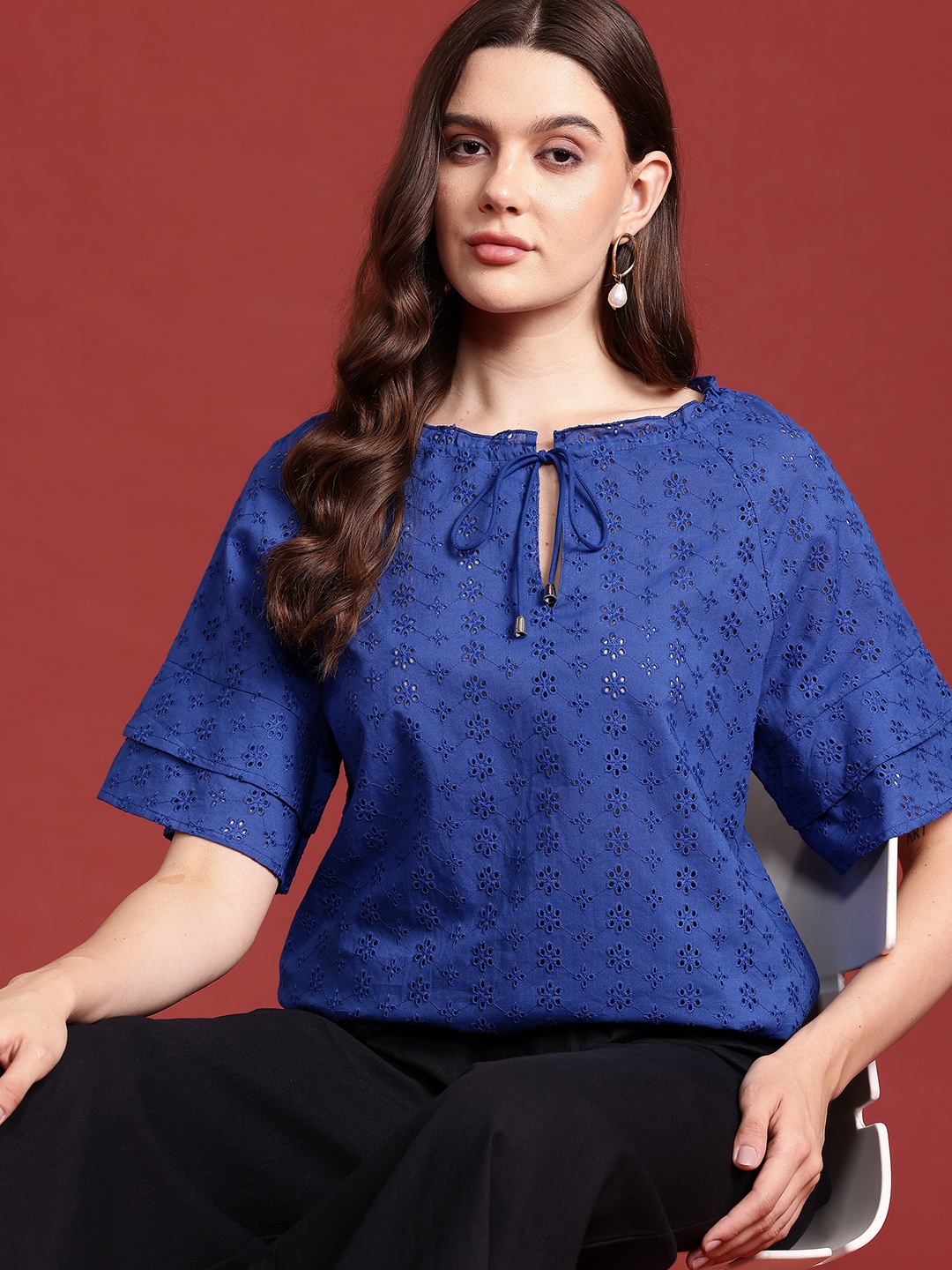 

all about you Schiffli Pure Cotton Top, Blue