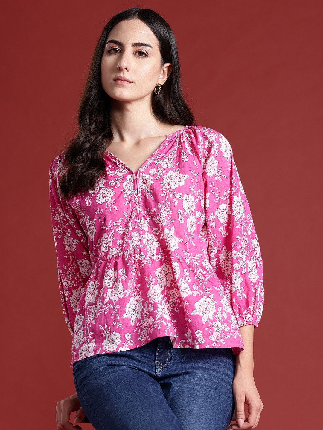 

Routes by All About You Floral Print Pure Cotton Peplum Top, Pink