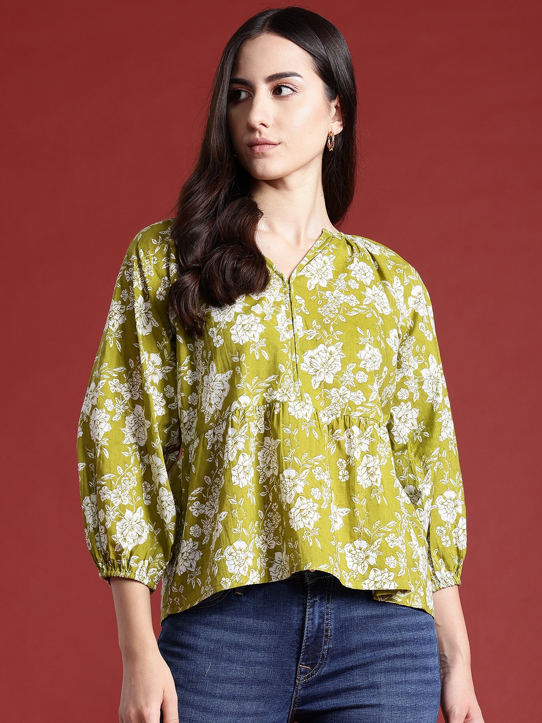 

Routes by All About You Floral Print Pure Cotton Peplum Top, Green