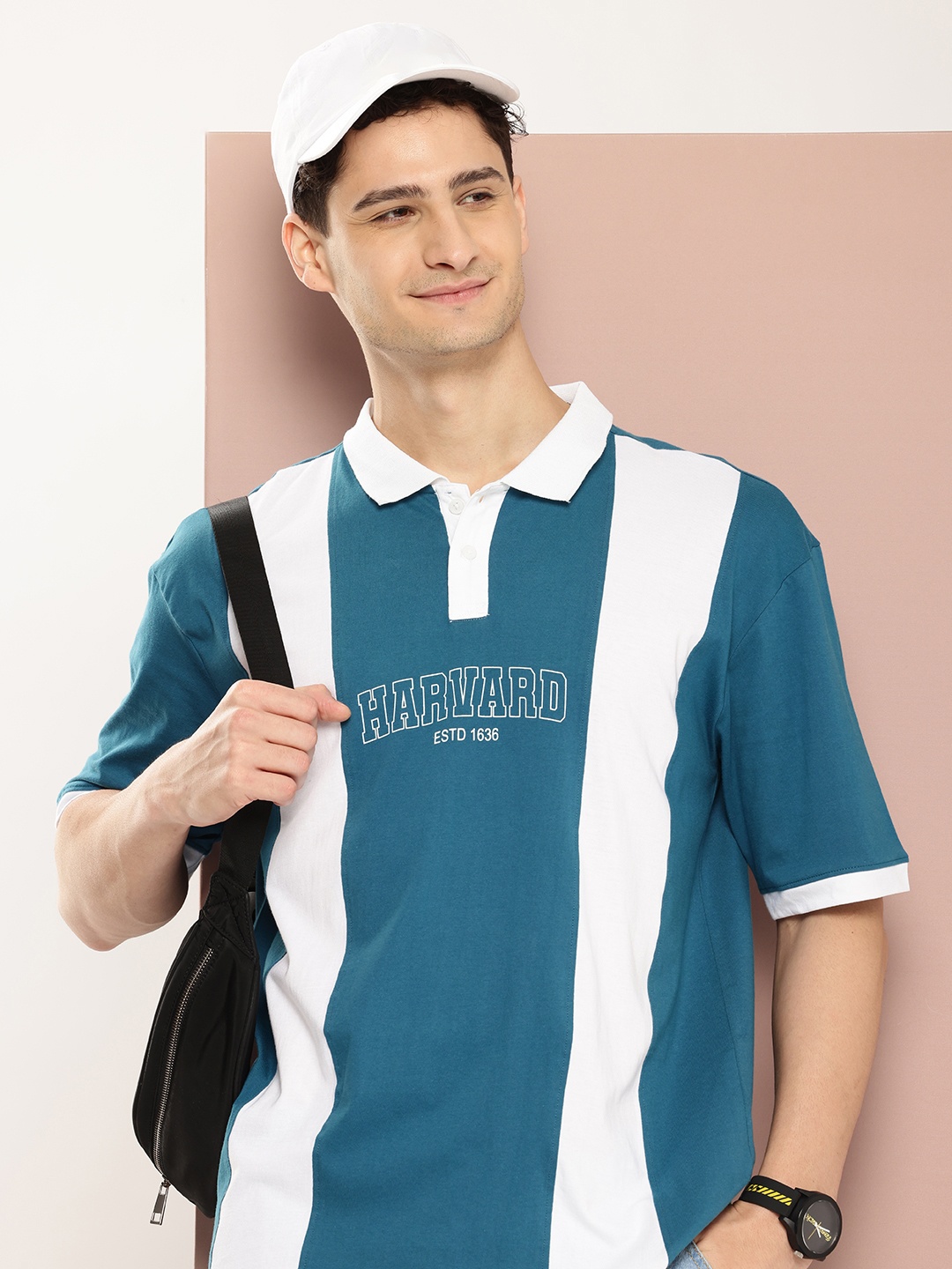 

Harvard Colourblocked Polo Collar Drop-Shoulder Sleeves Pure Cotton T-shirt, Teal