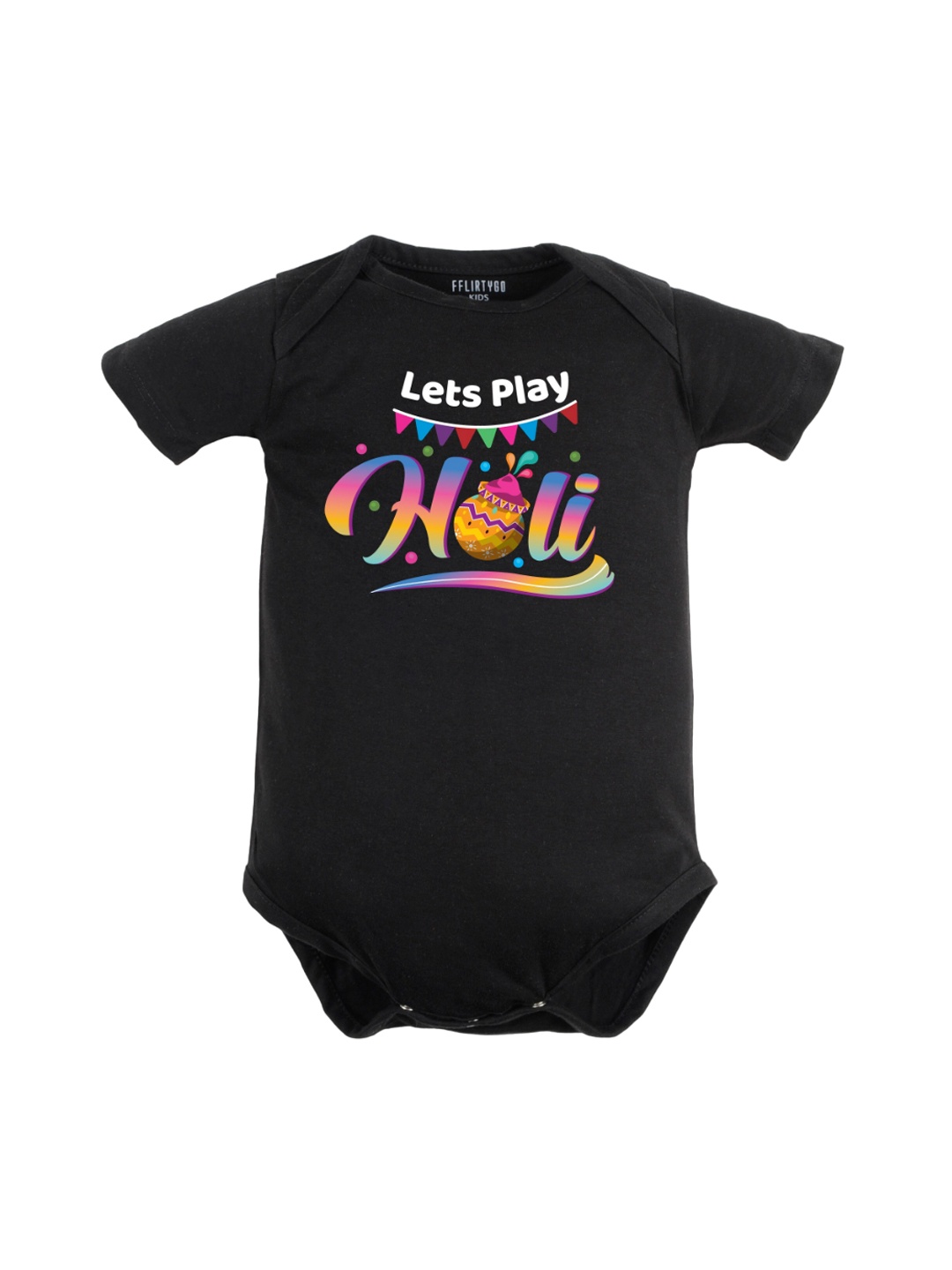 

FFLIRTYGO Infants Holi Printed Round Neck Pure Cotton Bodysuit, Black
