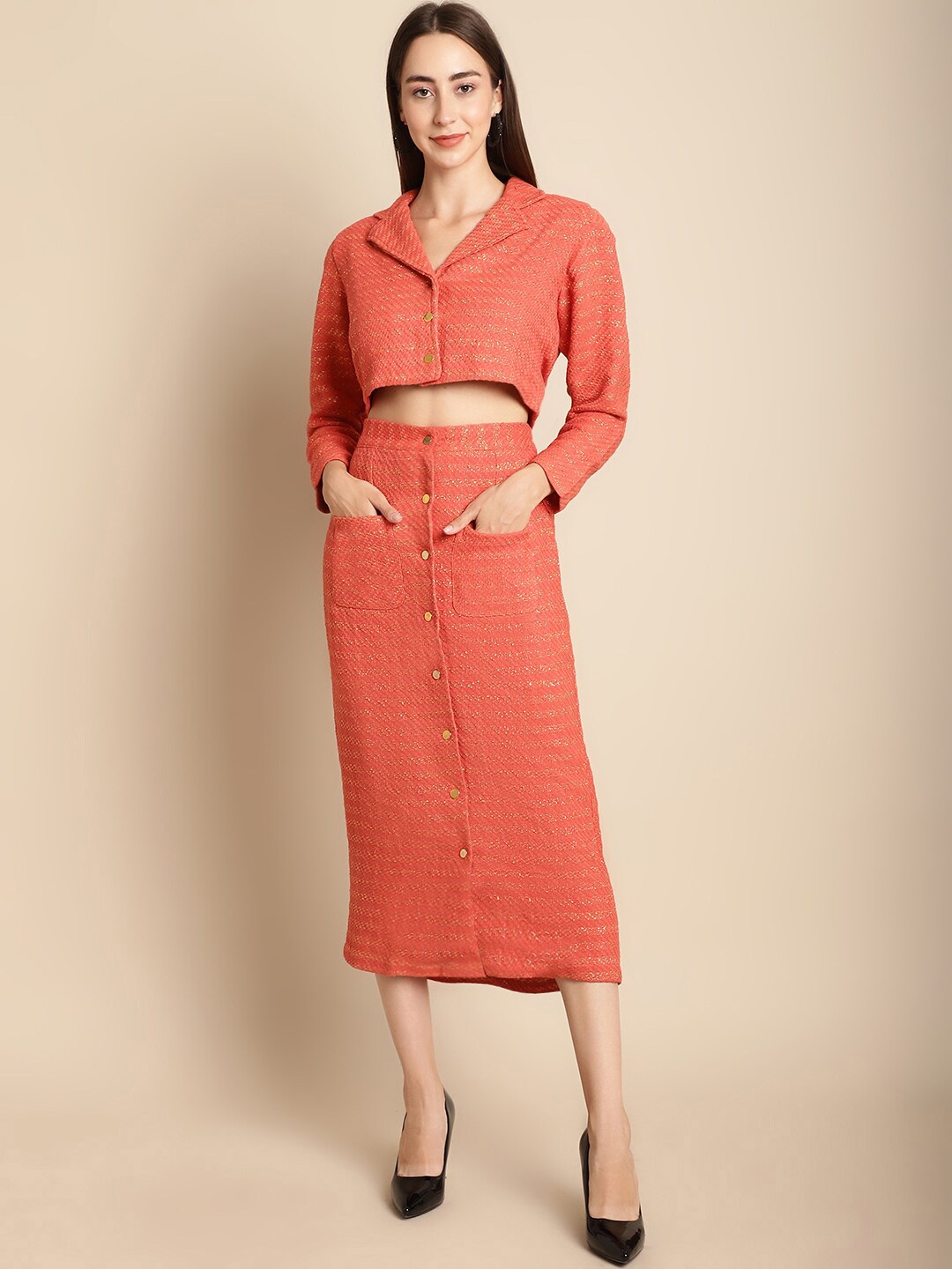 

BLANC9 Self Design Shirt With Midi Skirt, Orange