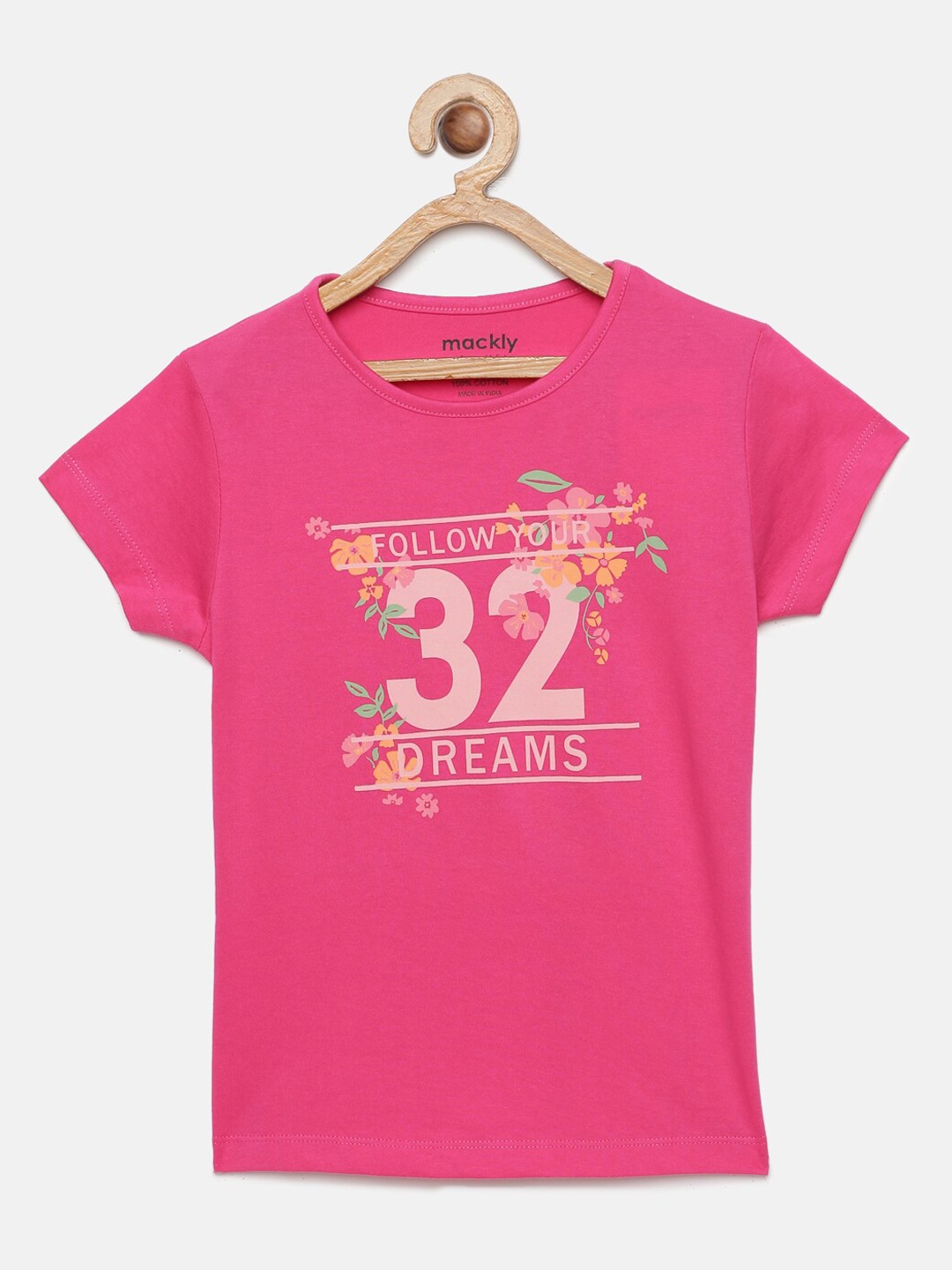 

mackly Girls Typography Printed Pure Cotton T-shirt, Pink