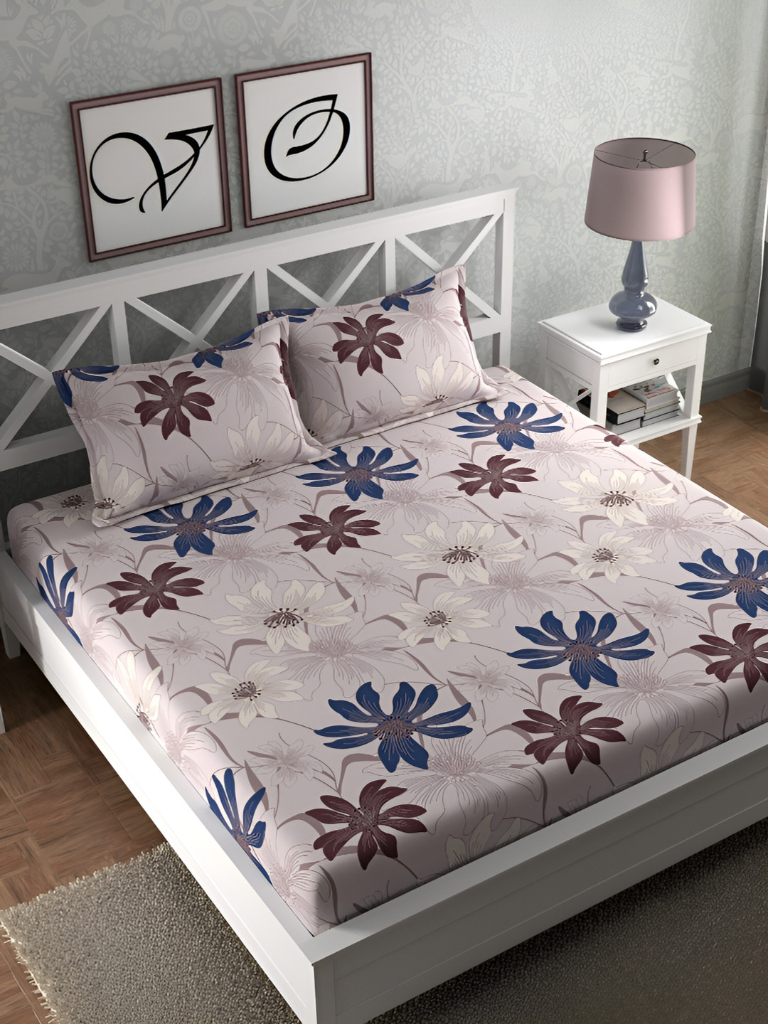 

CG HOMES Grey & Blue Floral Cotton 160 TC Queen Bedsheet With 2 Pillow Cover