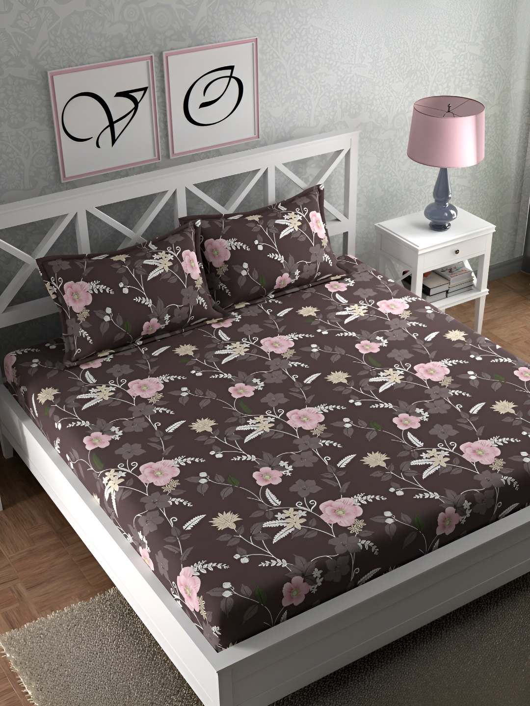 

CG HOMES Pink & Brown Floral Cotton160 TC Queen Bedsheet with 2 Pillow Covers