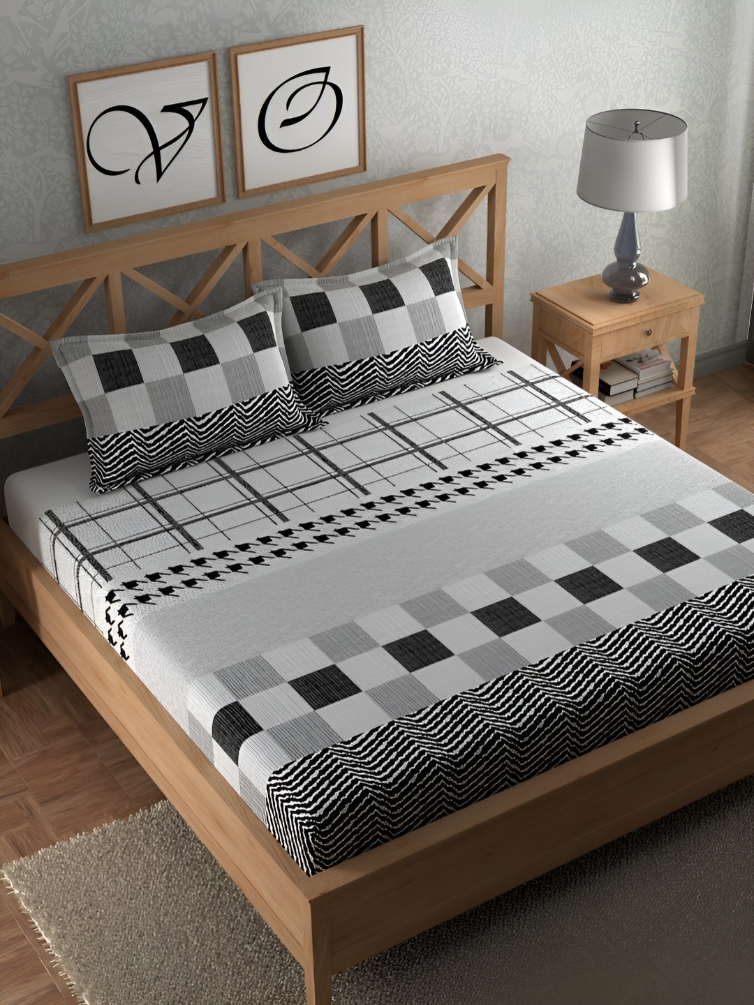 

CG HOMES Grey & White Geometric Cotton 160 TC Queen Bedsheet with 2 Pillow Covers