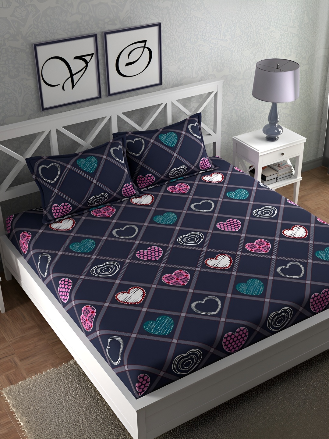 

CG HOMES Blue & Pink Geometric Cotton 160 TC Queen Bedsheet With 2 Pillow Covers