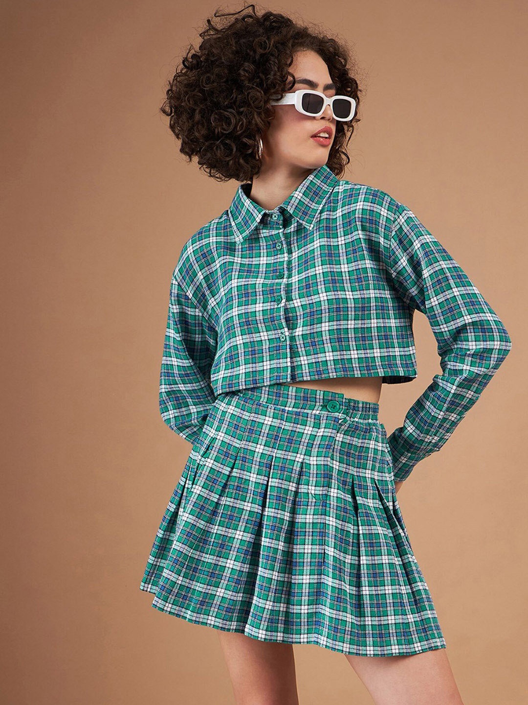 

SASSAFRAS Green Checked Crop Pure Cotton Shirt With Mini Skirt