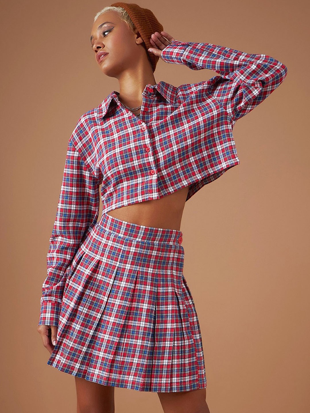 

SASSAFRAS Red Checked Pure Cotton Shirt With Mini Skirt