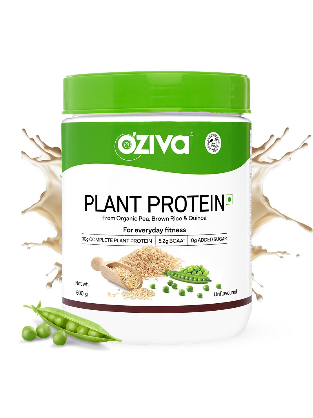 

OZiva Plant Protein Powder With Pea Protein Unflavoured - 500 Gms, Green